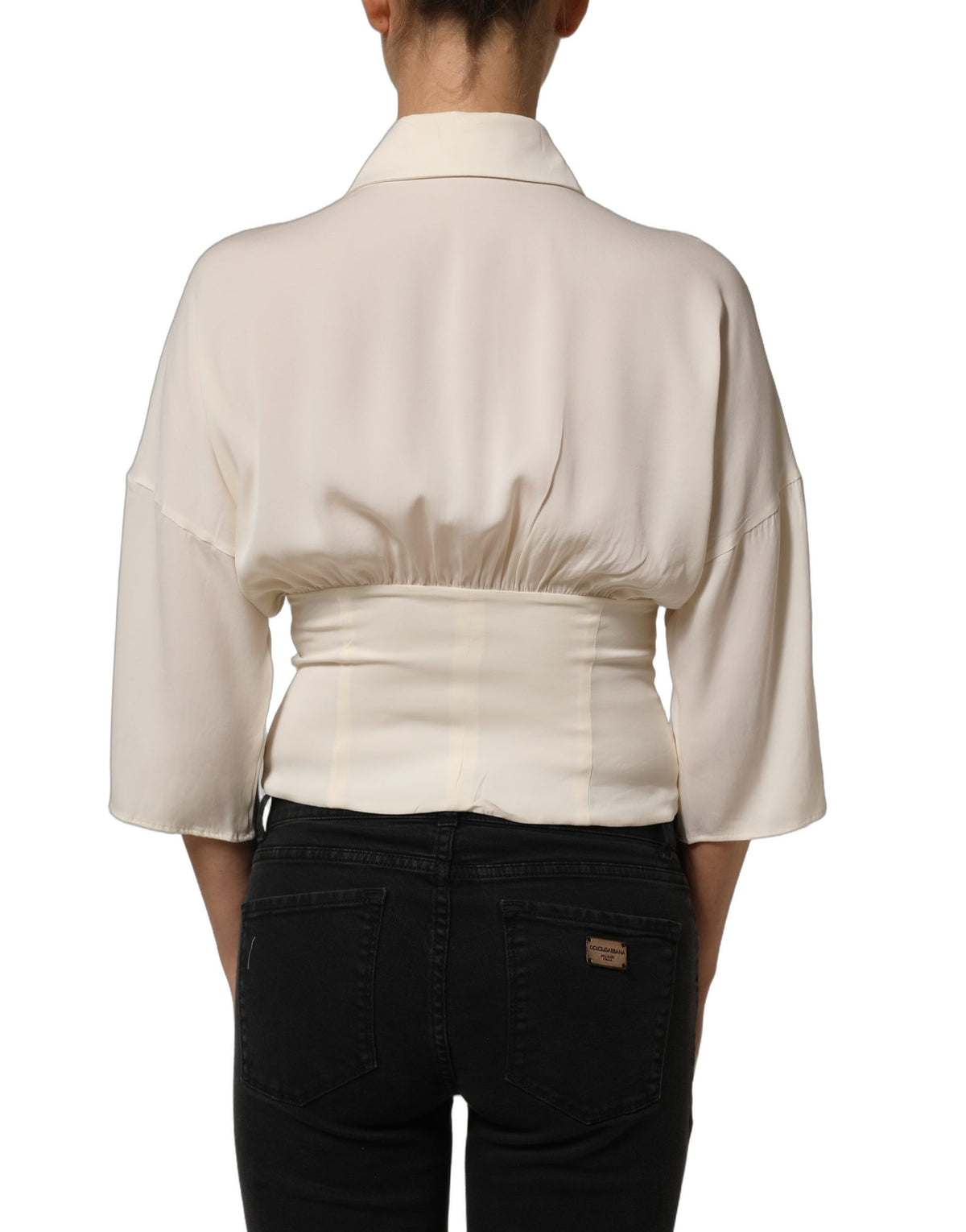 Dolce & Gabbana Off White Ascot Collar Long Sleeves Blouse Women's Top