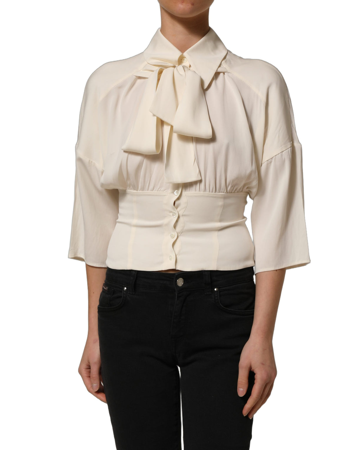 Dolce & Gabbana Off White Ascot Collar Long Sleeves Blouse Women's Top