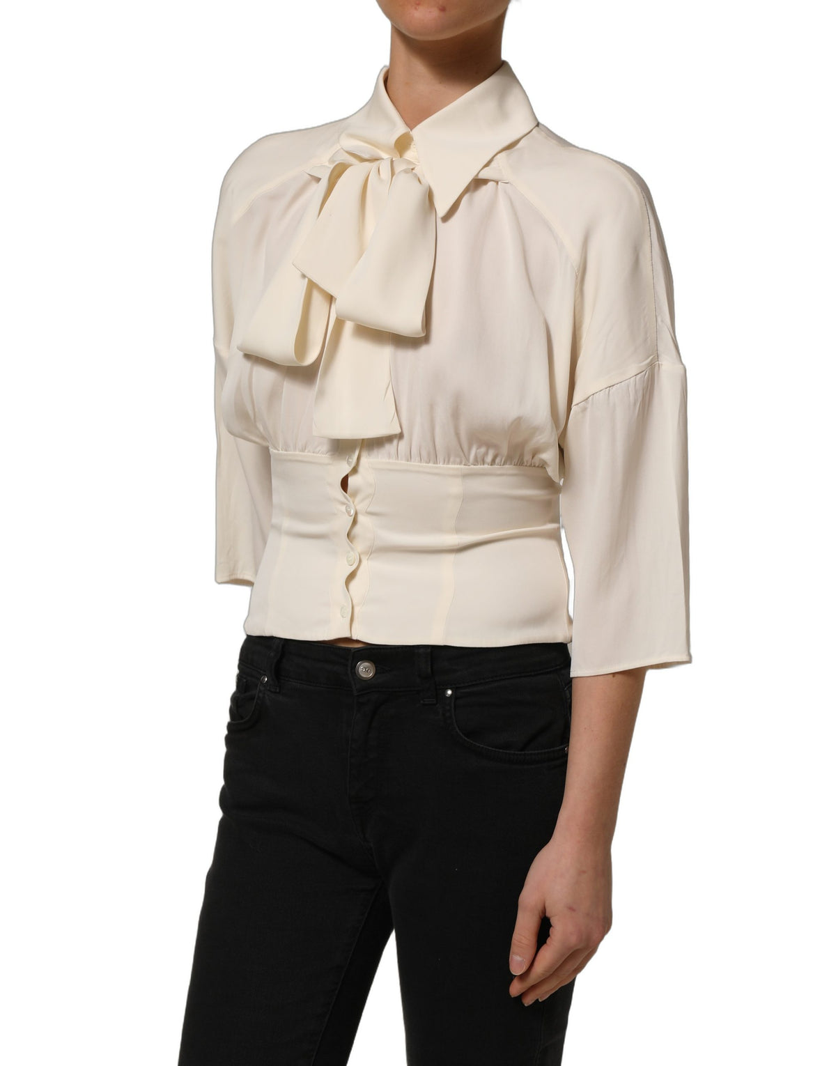 Dolce & Gabbana Off White Ascot Collar Long Sleeves Blouse Women's Top