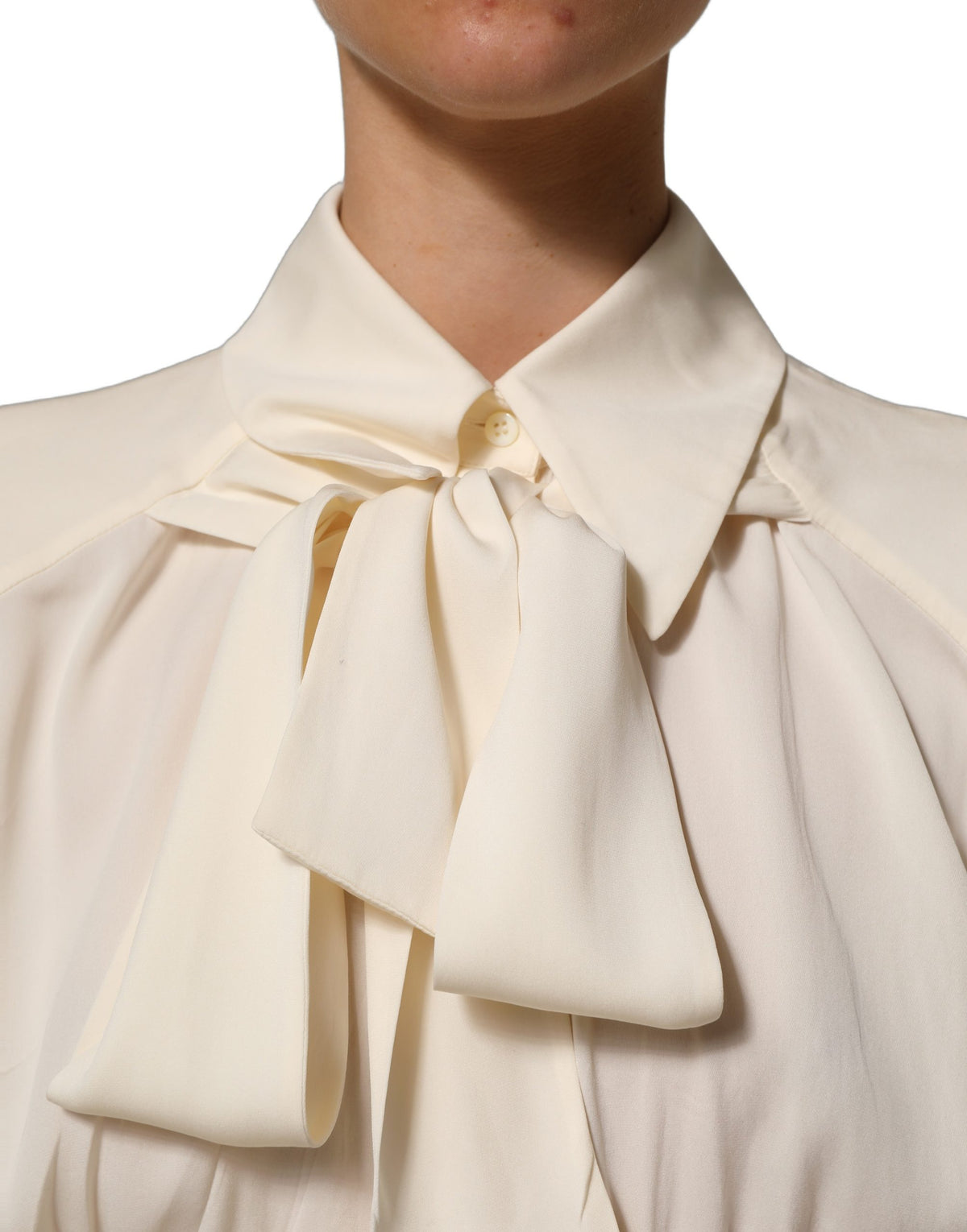 Dolce & Gabbana Off White Ascot Collar Long Sleeves Blouse Women's Top