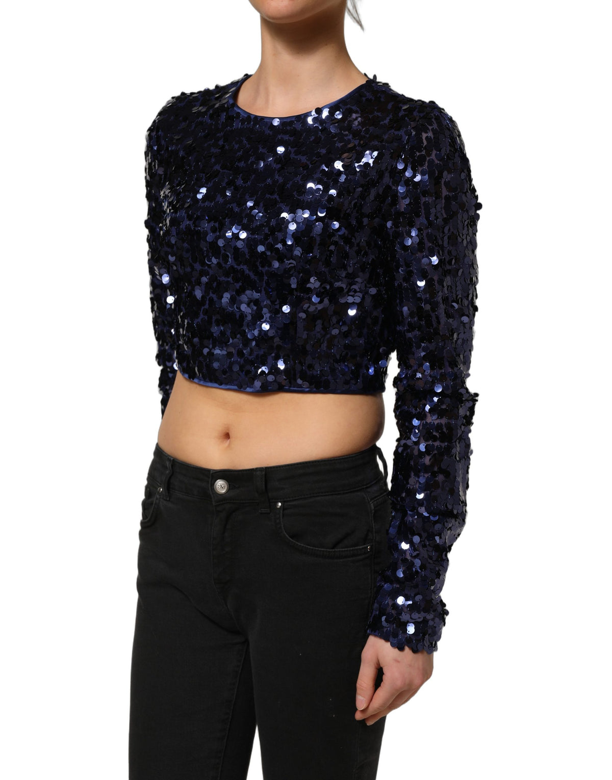 Dolce & Gabbana Blue Sequined Long Sleeves Crop Blouse Women's Top