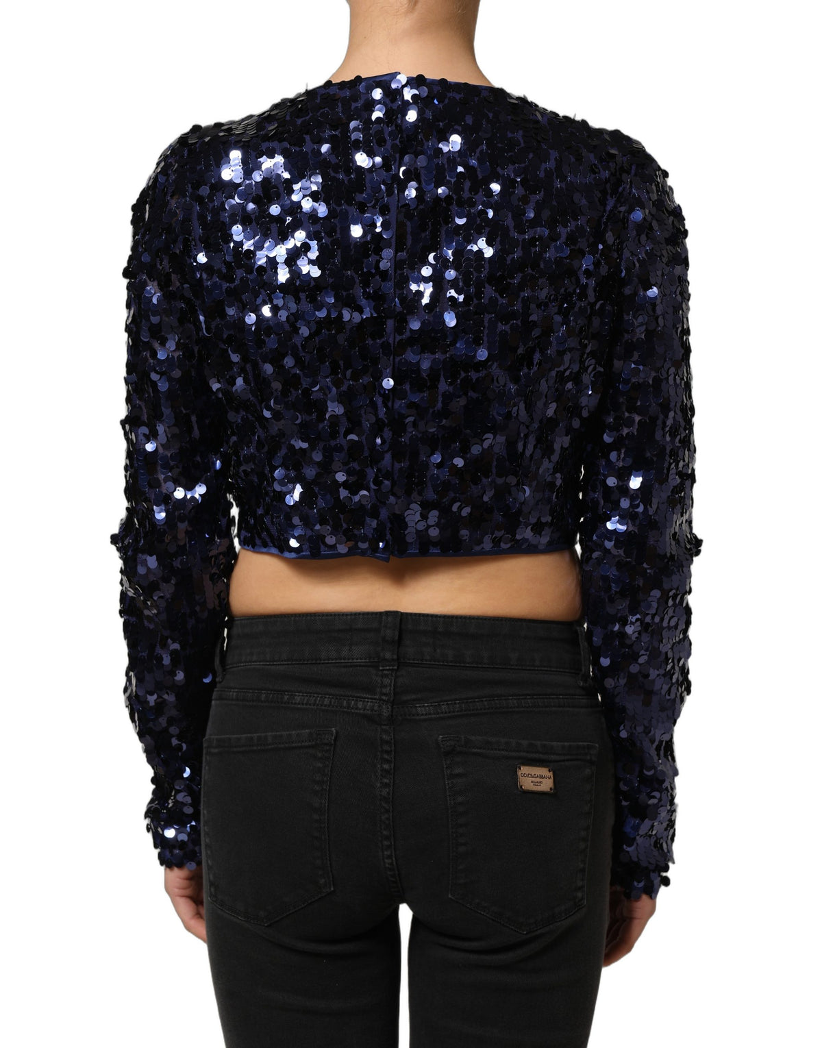 Dolce & Gabbana Blue Sequined Long Sleeves Crop Blouse Women's Top