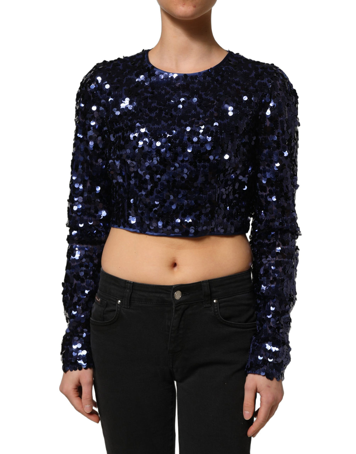 Dolce & Gabbana Blue Sequined Long Sleeves Crop Blouse Women's Top