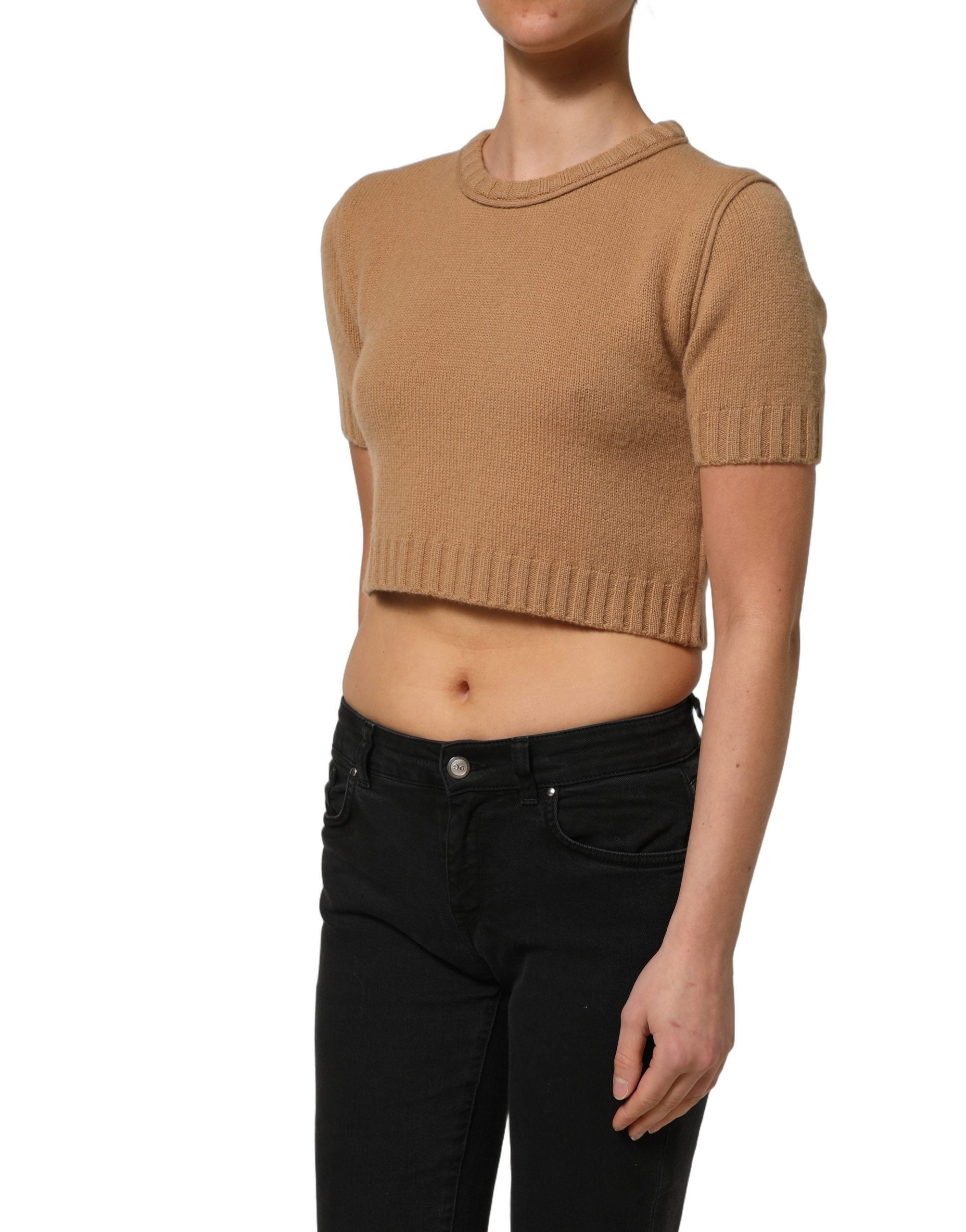 Dolce & Gabbana Brown Wool Short Sleeves Cropped Blouse Women's Top