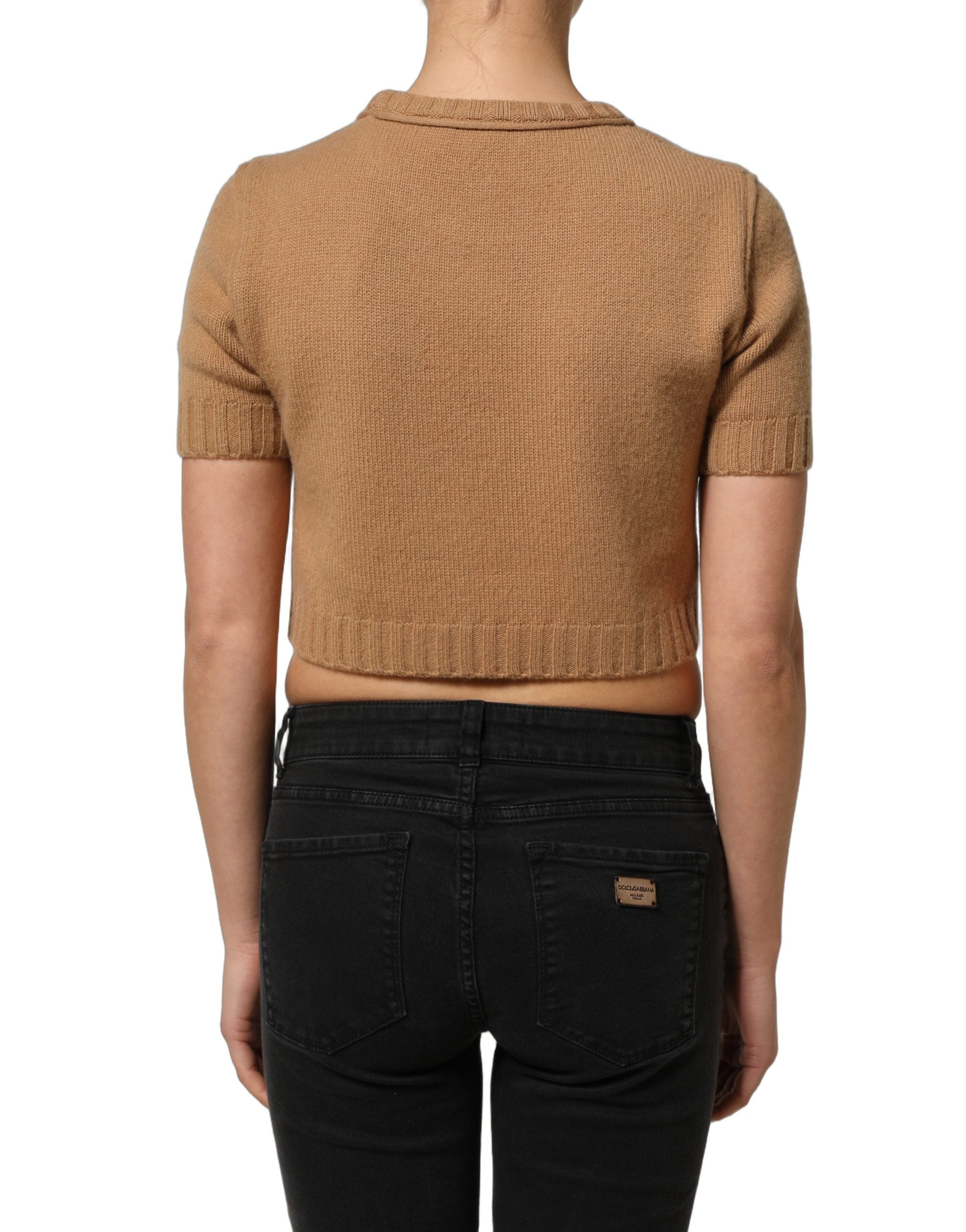 Dolce & Gabbana Brown Wool Short Sleeves Cropped Blouse Women's Top