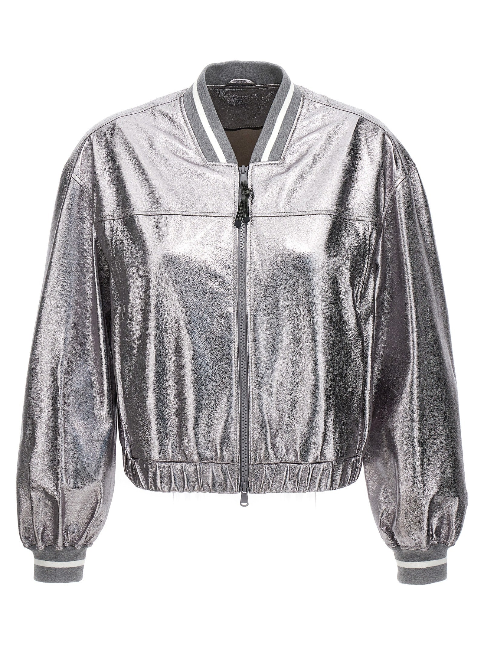 Brunello Cucinelli Silver Leather Women's Bomber