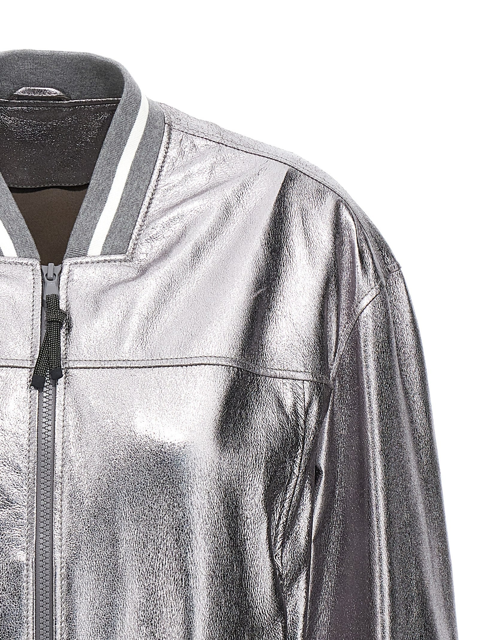 Brunello Cucinelli Silver Leather Women's Bomber