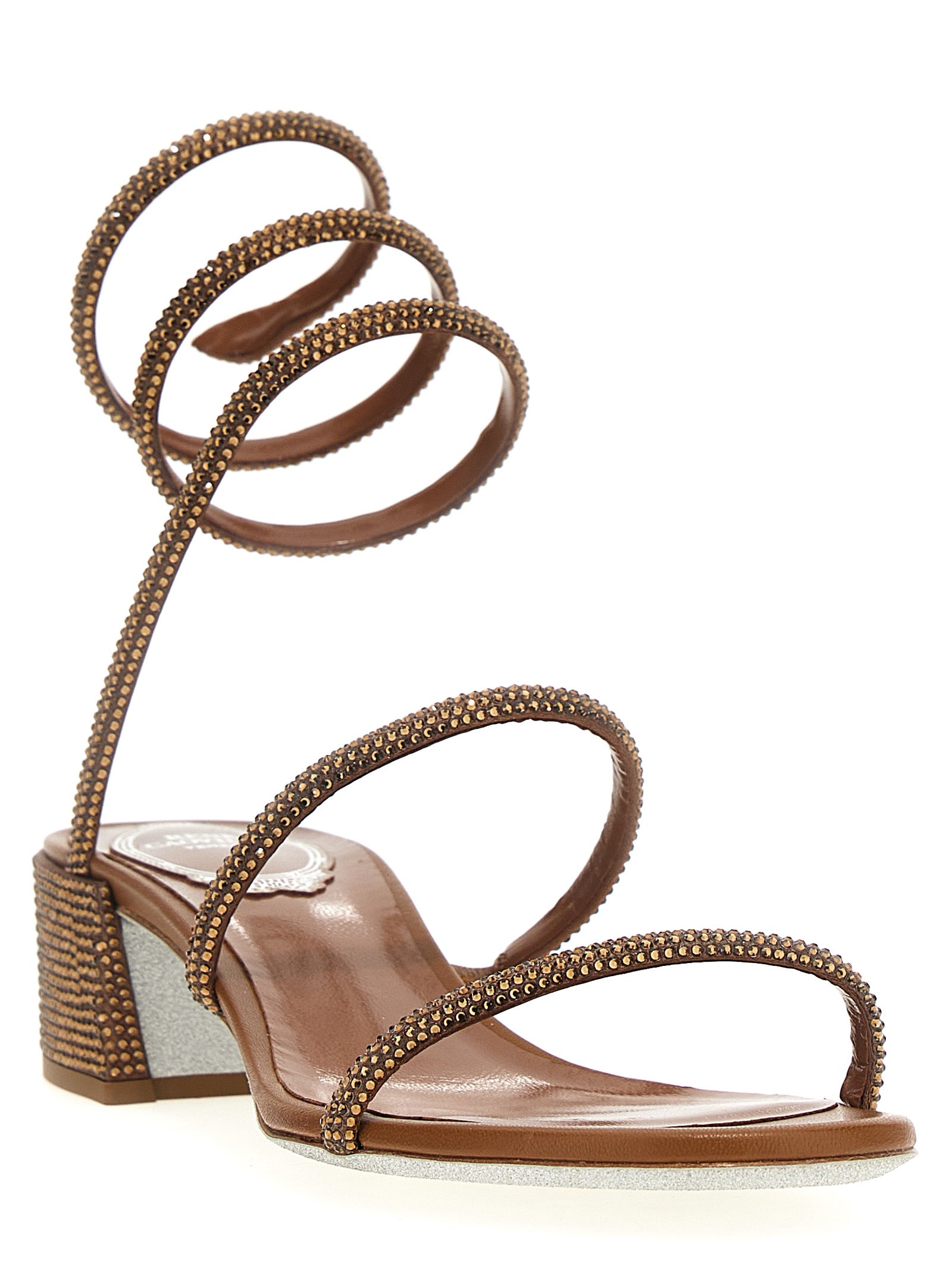 RENE CAOVILLA Brown Satin Flat Women's Sandals