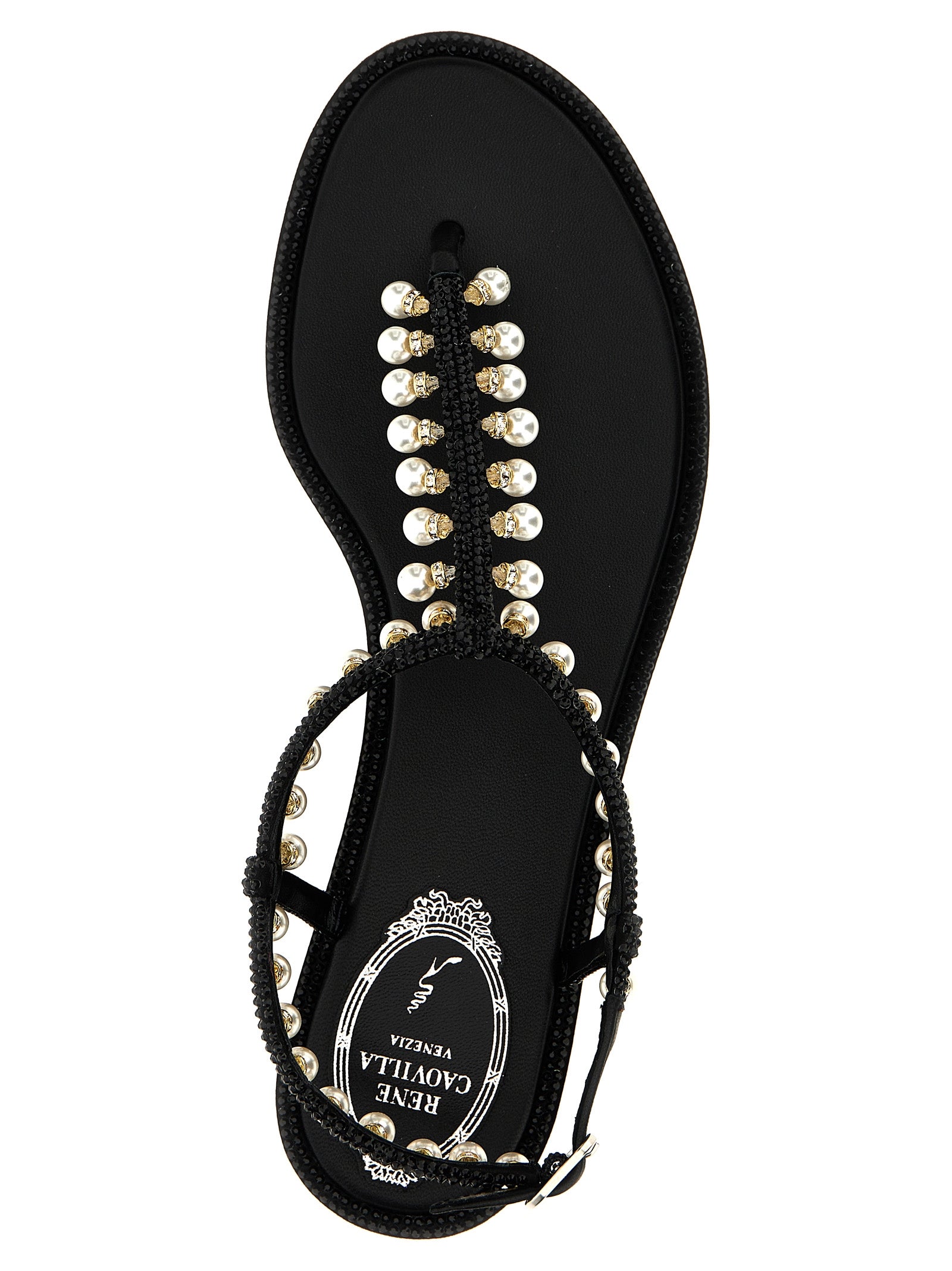 RENE CAOVILLA Black Viscose Flat Women's Sandals