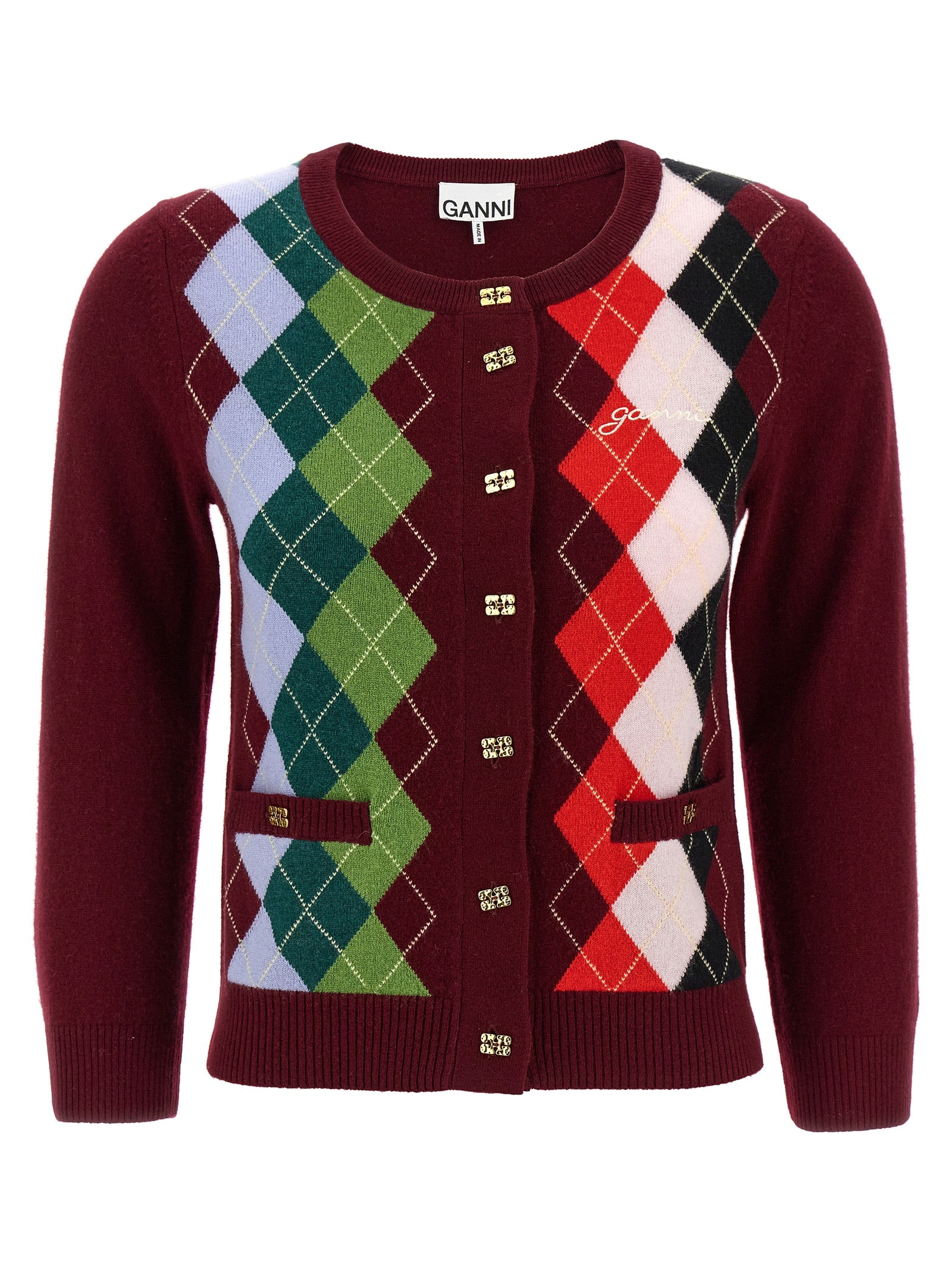 Ganni Bordeaux Merino Wool Women's Cardigan