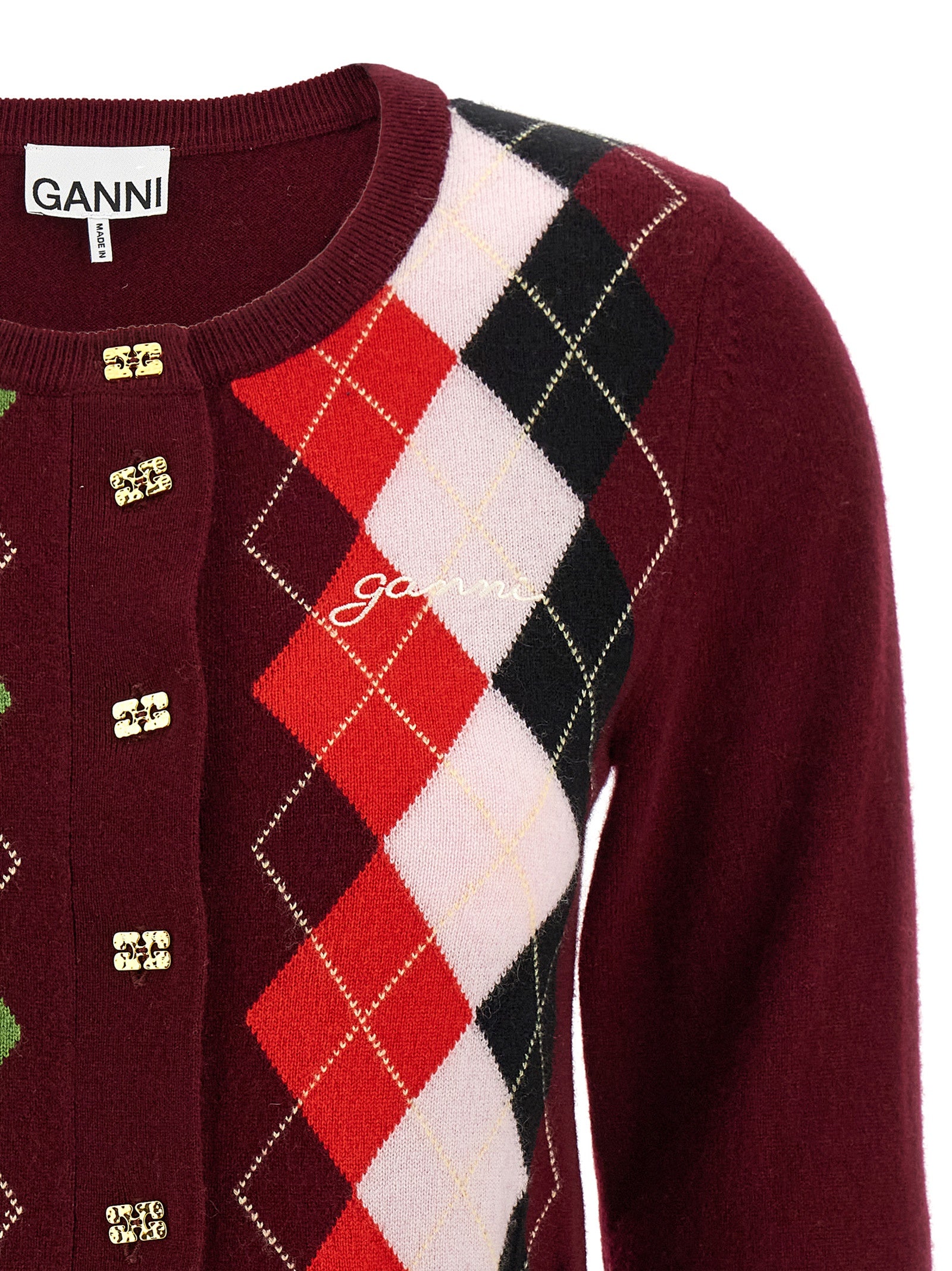 Ganni Bordeaux Merino Wool Women's Cardigan