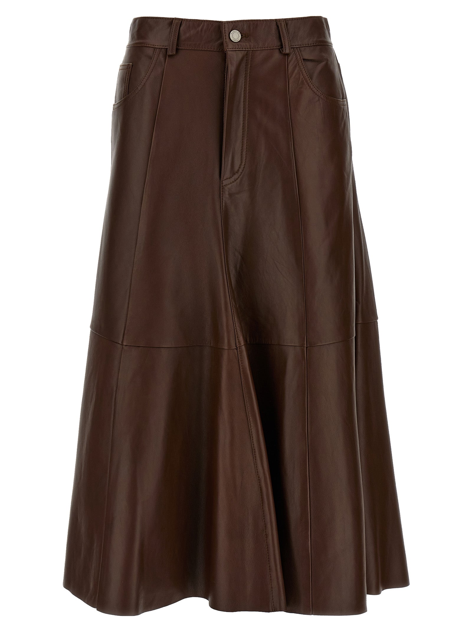 Haikure Brown Lamb Leather Midi Women's Skirt