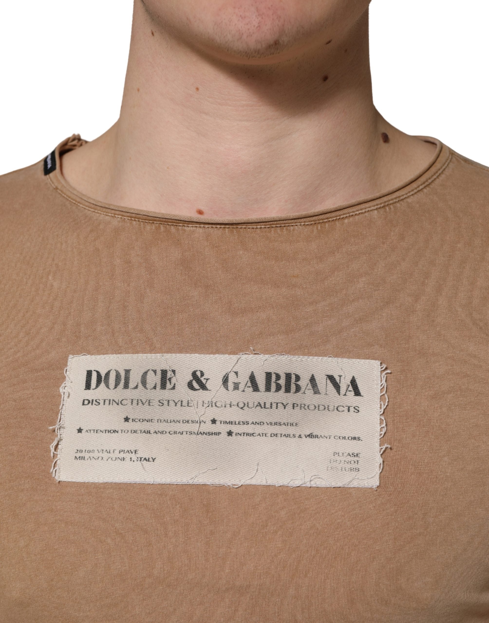 Dolce & Gabbana Brown Cotton Logo Patch Round Neck Men's T-shirt (Pre-Owned)