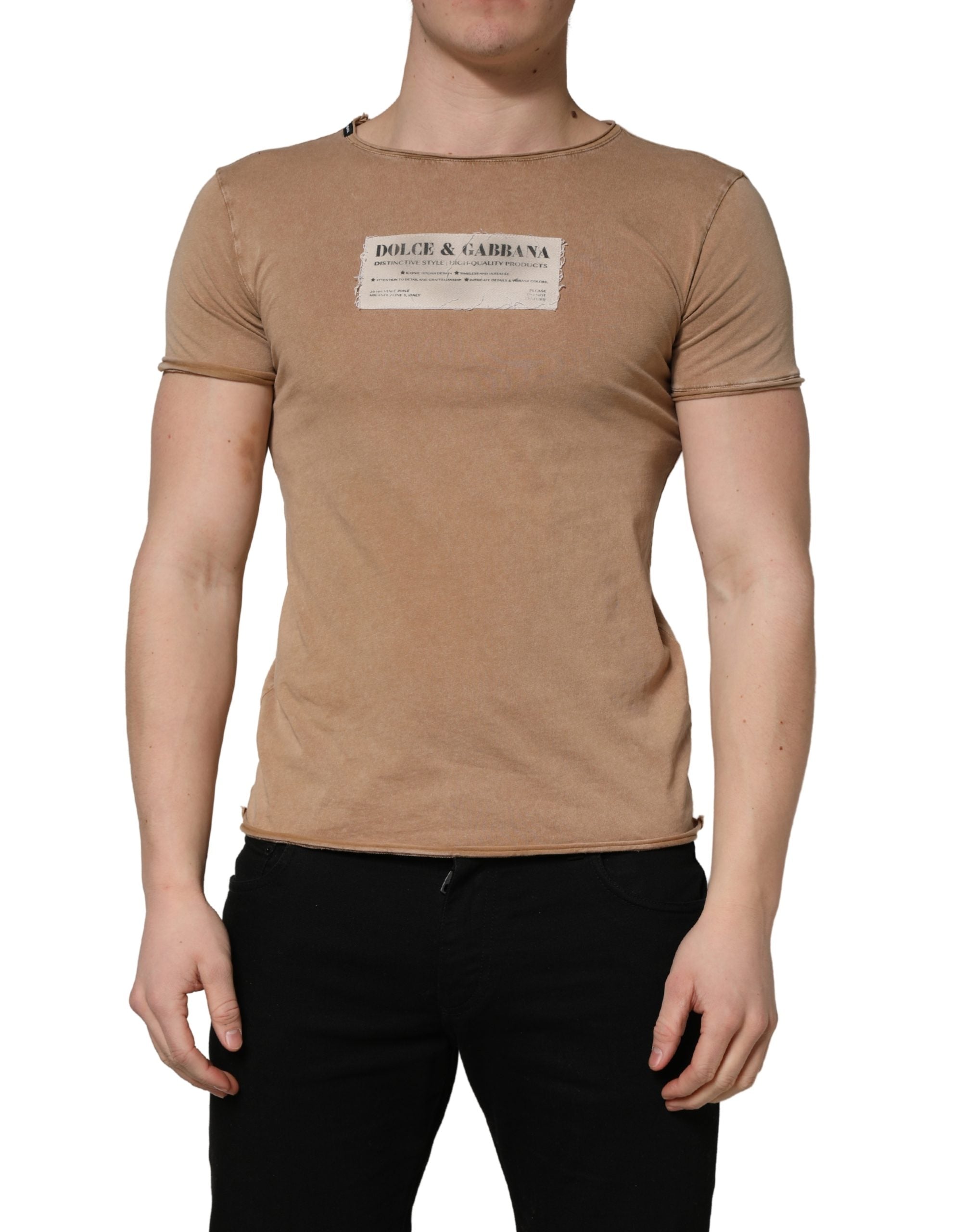 Dolce & Gabbana Brown Cotton Logo Patch Round Neck Men's T-shirt (Pre-Owned)