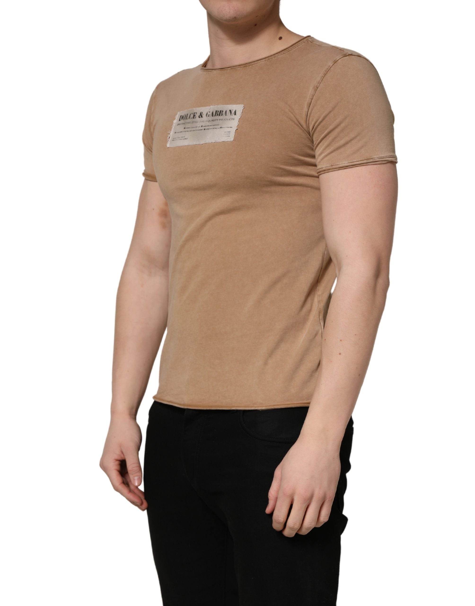 Dolce & Gabbana Brown Cotton Logo Patch Round Neck Men's T-shirt (Pre-Owned)