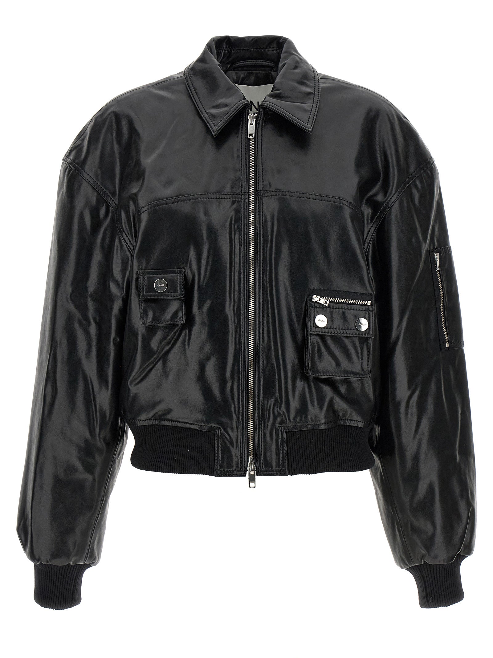 Ganni Black Leather Women's Bomber