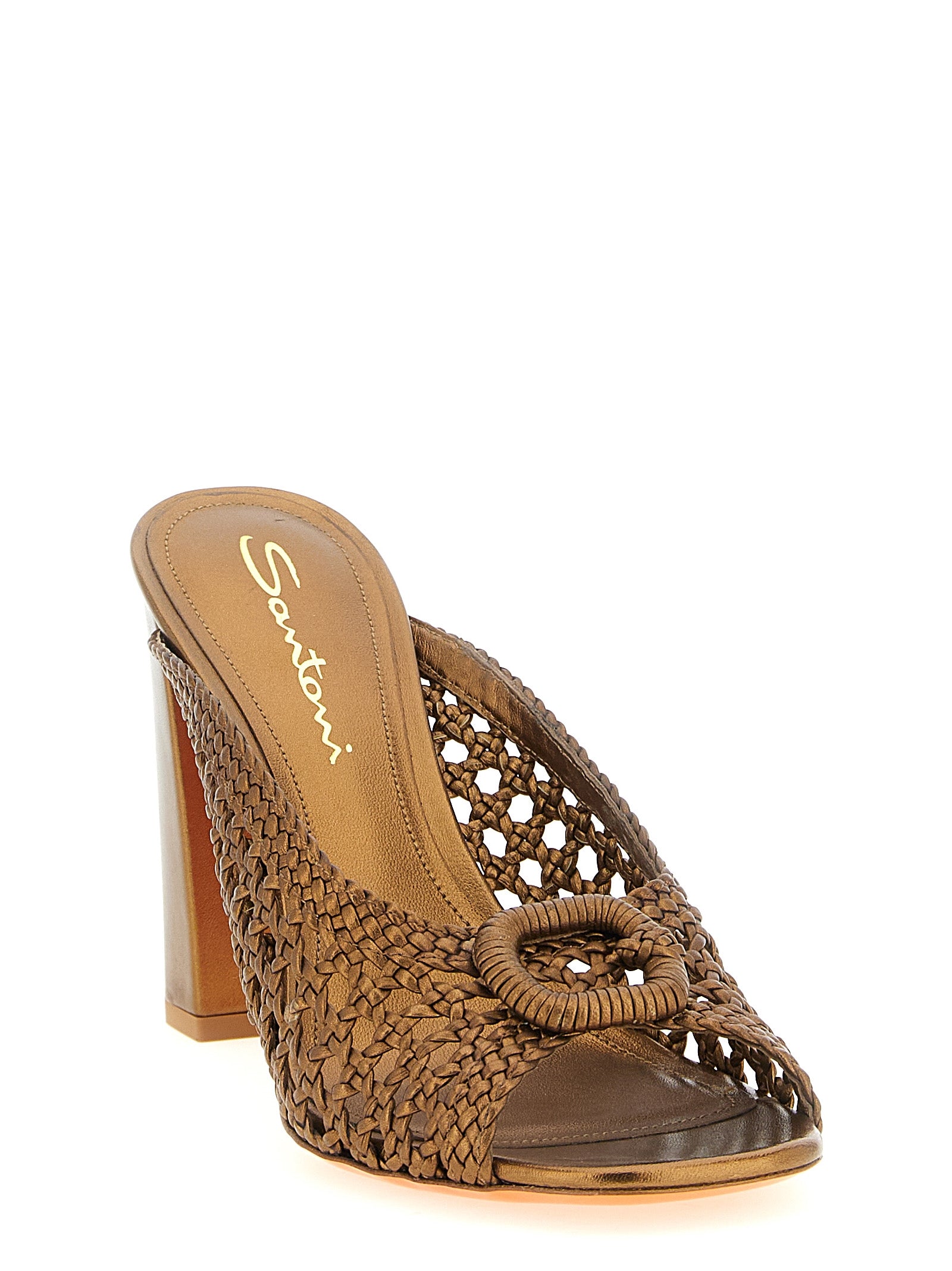 Santoni Gold Lamb Leather Stiletto Heel Women's Sandals
