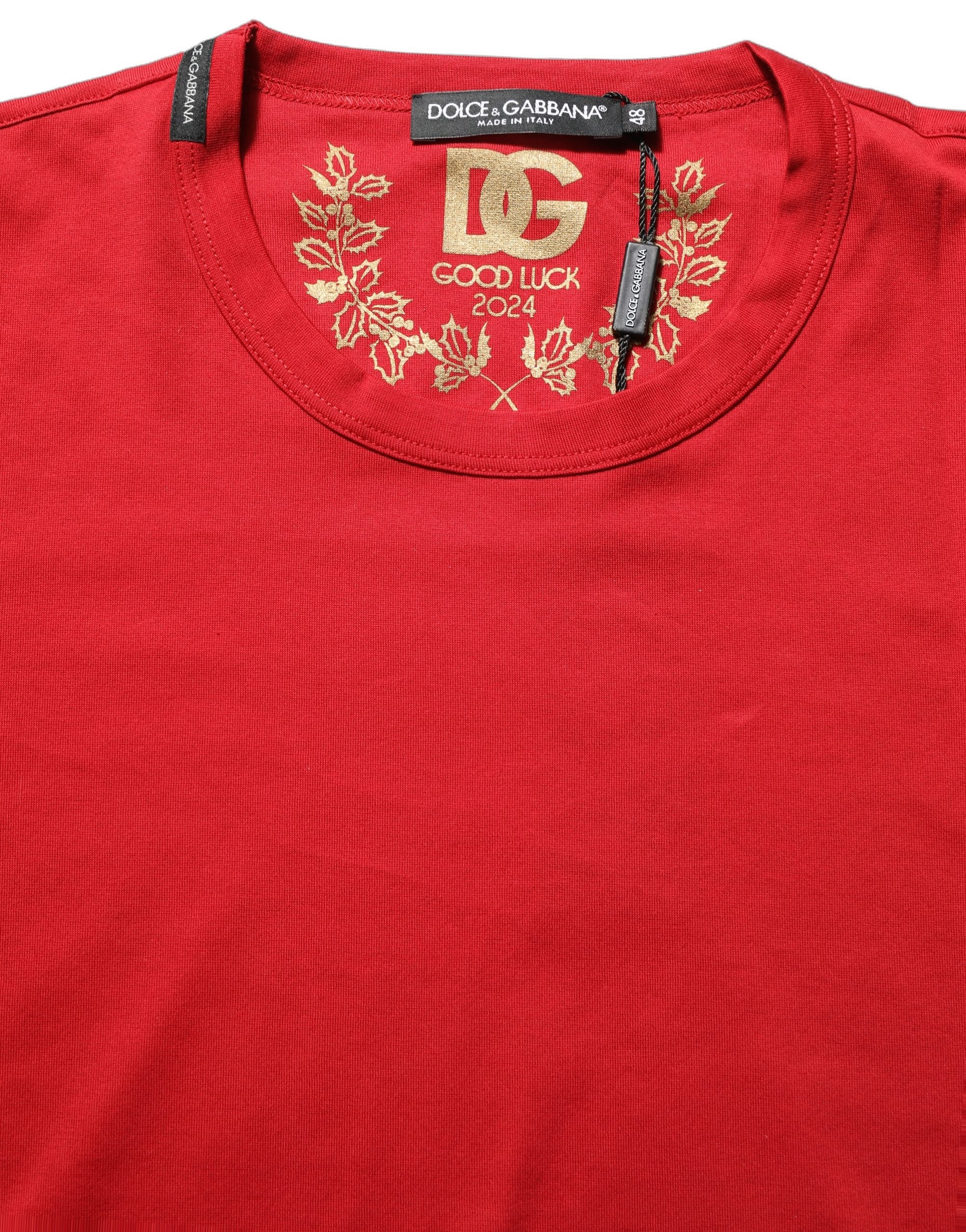 Dolce & Gabbana Red Goodluck 2023 Cotton Crew Neck Men's T-shirt