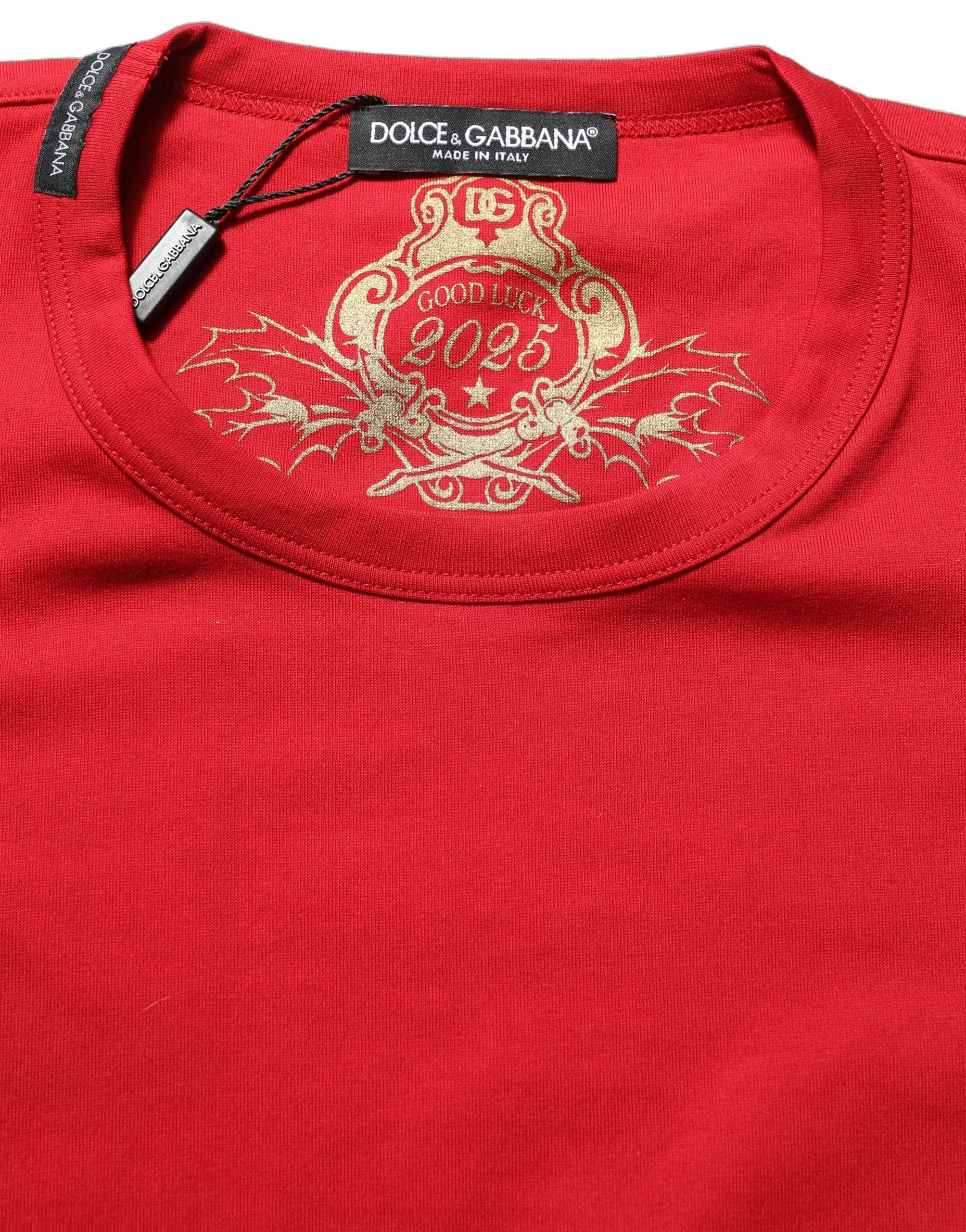Dolce & Gabbana Red Goodluck 2023 Cotton Crew Neck Men's T-shirt