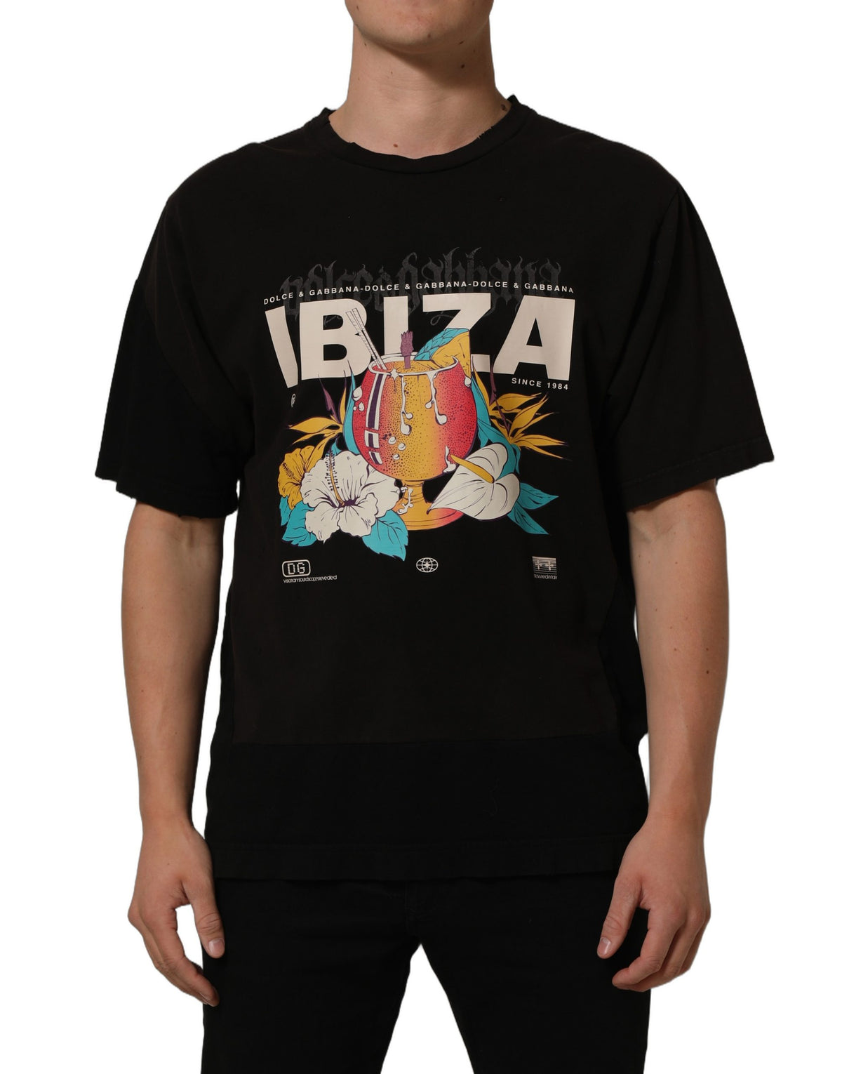 Dolce & Gabbana Black Tropical "IBIZA" Men Crew Neck Men's T-shirt