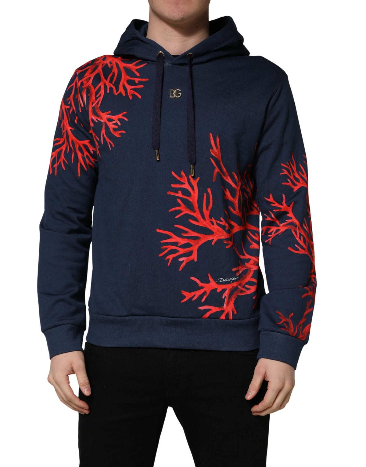 Dolce & Gabbana Blue Cotton Coral Logo Hooded Sweatshirt Men's Sweater