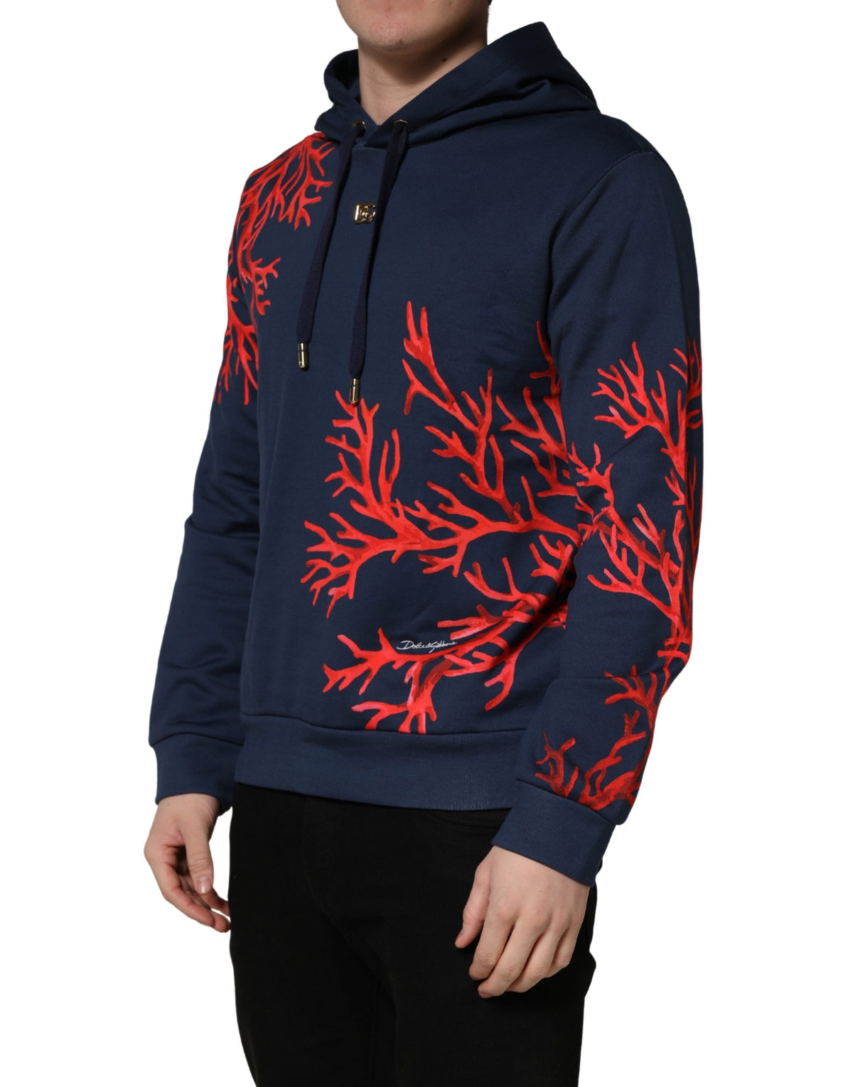Dolce & Gabbana Blue Cotton Coral Logo Hooded Sweatshirt Men's Sweater