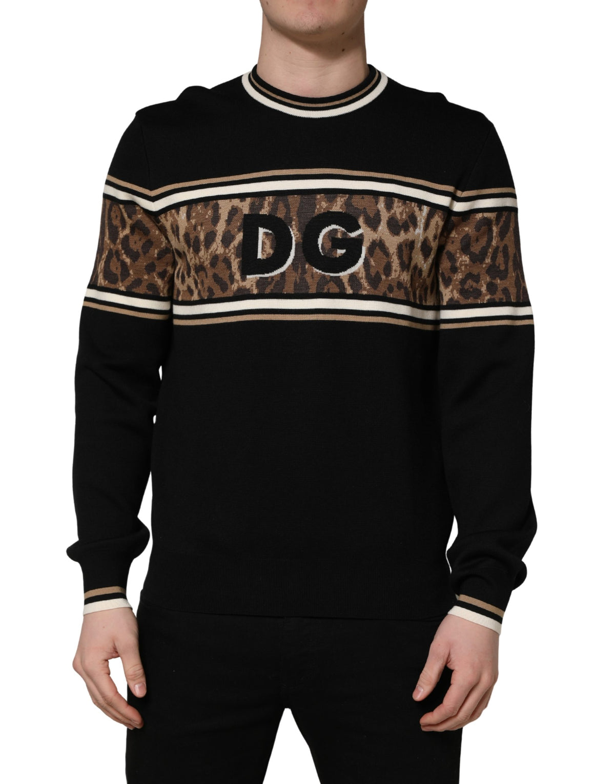 Dolce & Gabbana Black Leopard Wool Crew Neck Men Pullover Men's Sweater
