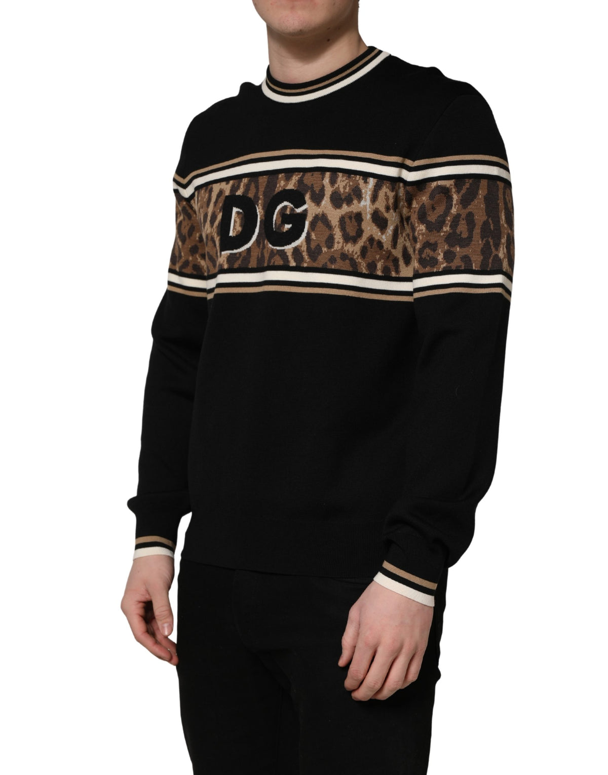 Dolce & Gabbana Black Leopard Wool Crew Neck Men Pullover Men's Sweater