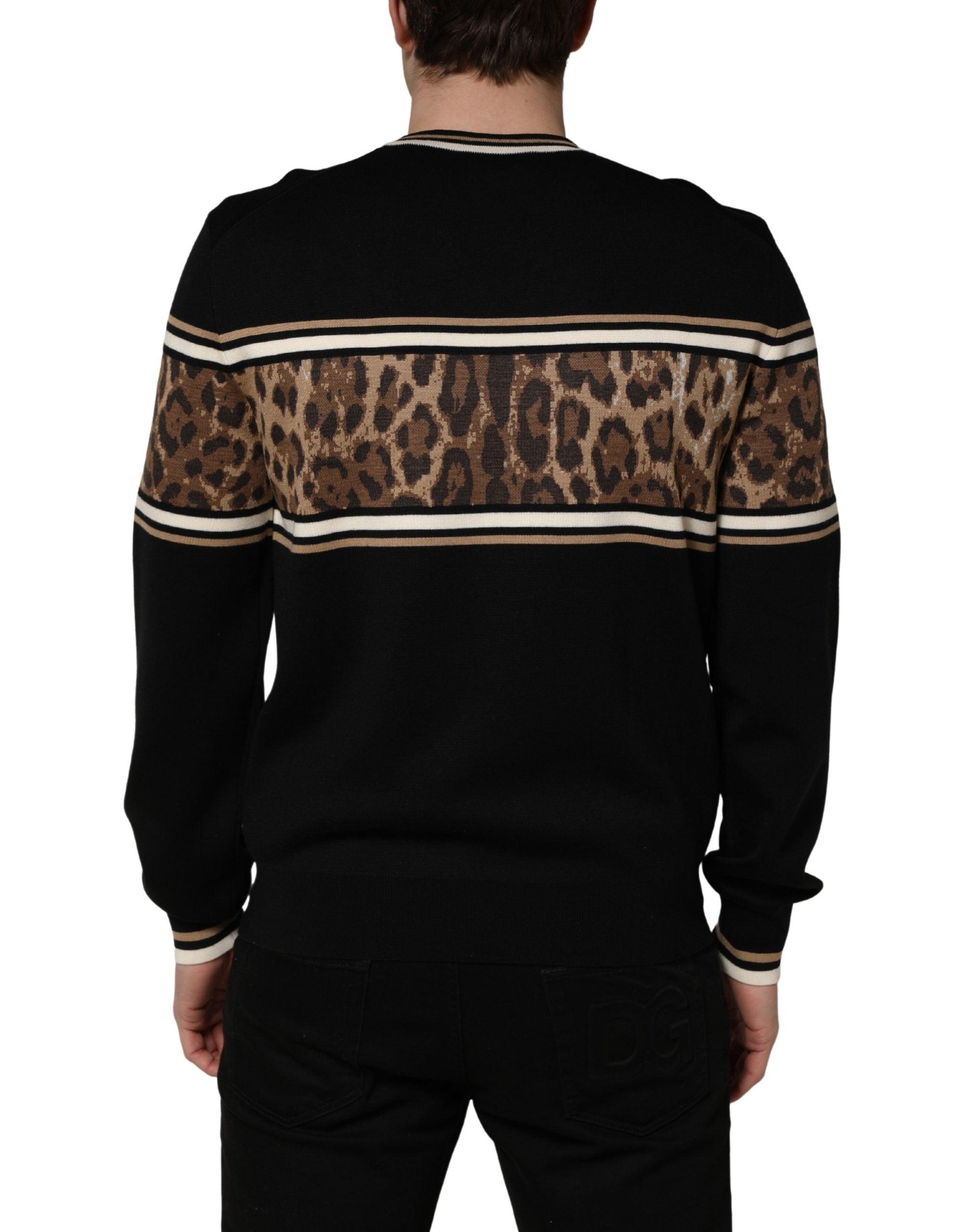Dolce & Gabbana Black Leopard Wool Crew Neck Men Pullover Men's Sweater