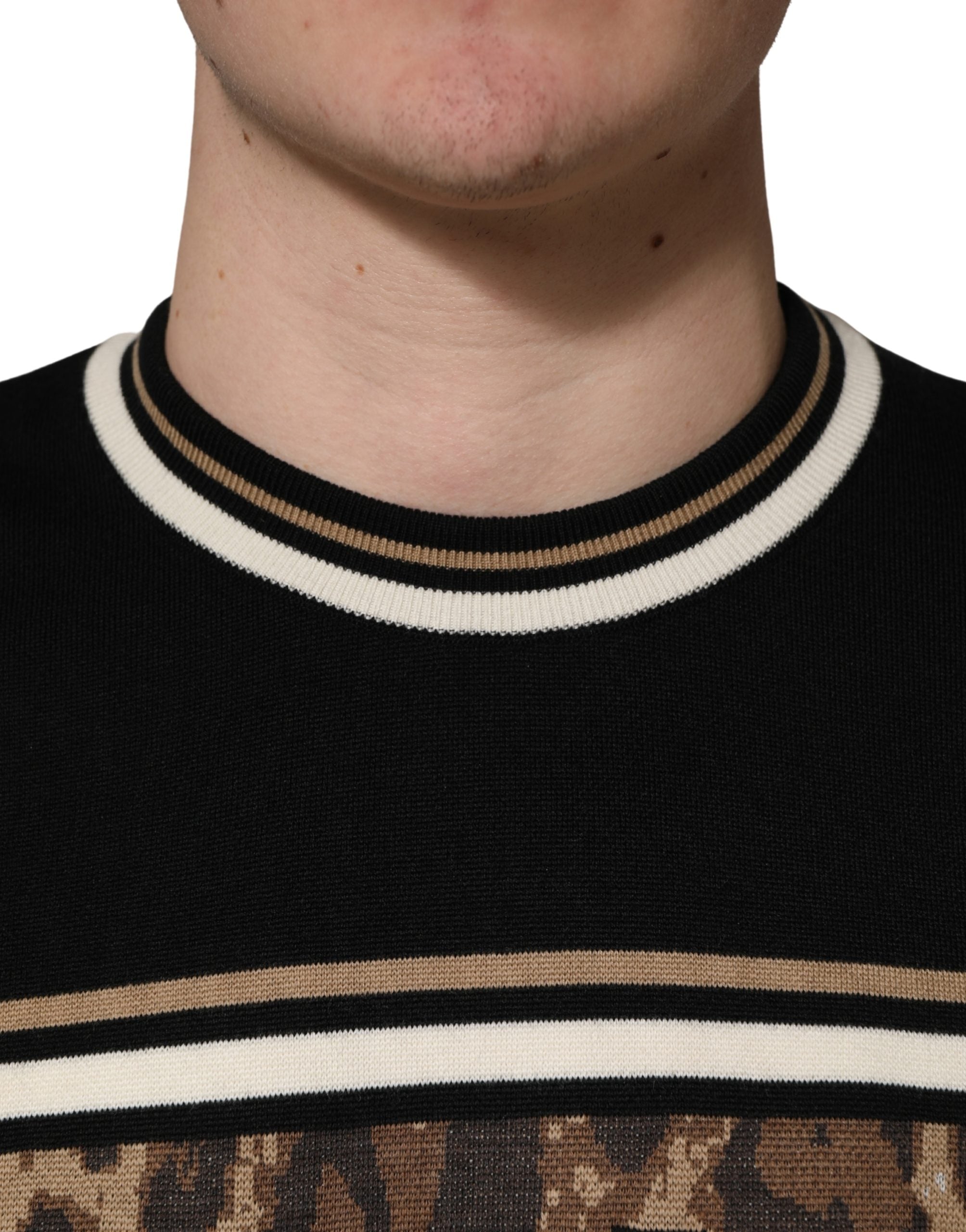 Dolce & Gabbana Black Leopard Wool Crew Neck Men Pullover Men's Sweater