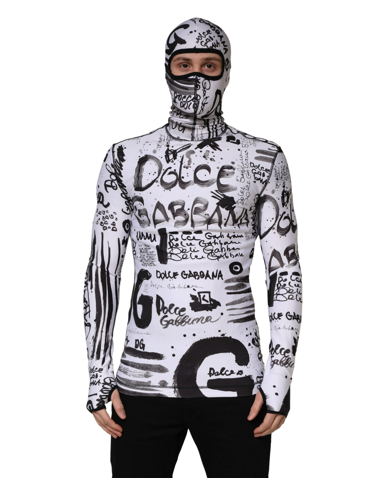 Dolce & Gabbana White Jersey Graffiti Print Balaclava Hood Men's Sweater
