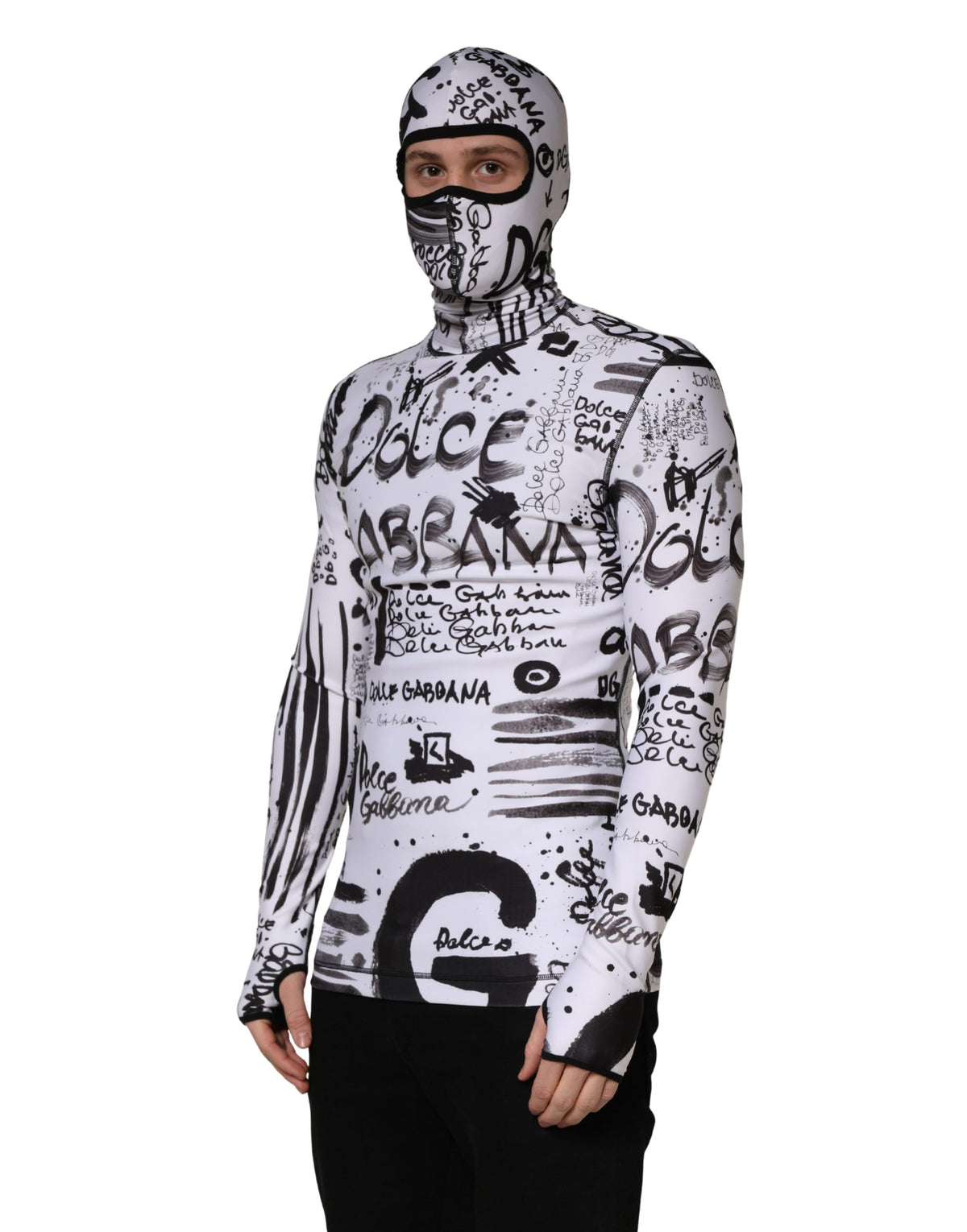 Dolce & Gabbana White Jersey Graffiti Print Balaclava Hood Men's Sweater