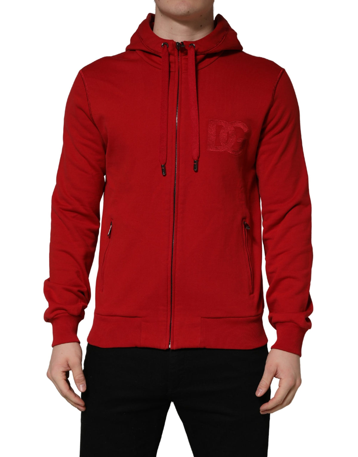 Dolce & Gabbana Red Embroidered Logo Hooded Full Zip Men's Sweater
