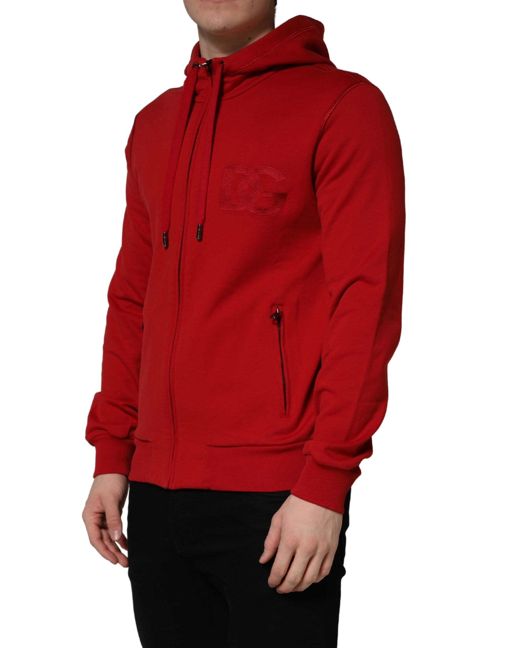 Dolce & Gabbana Red Embroidered Logo Hooded Full Zip Men's Sweater