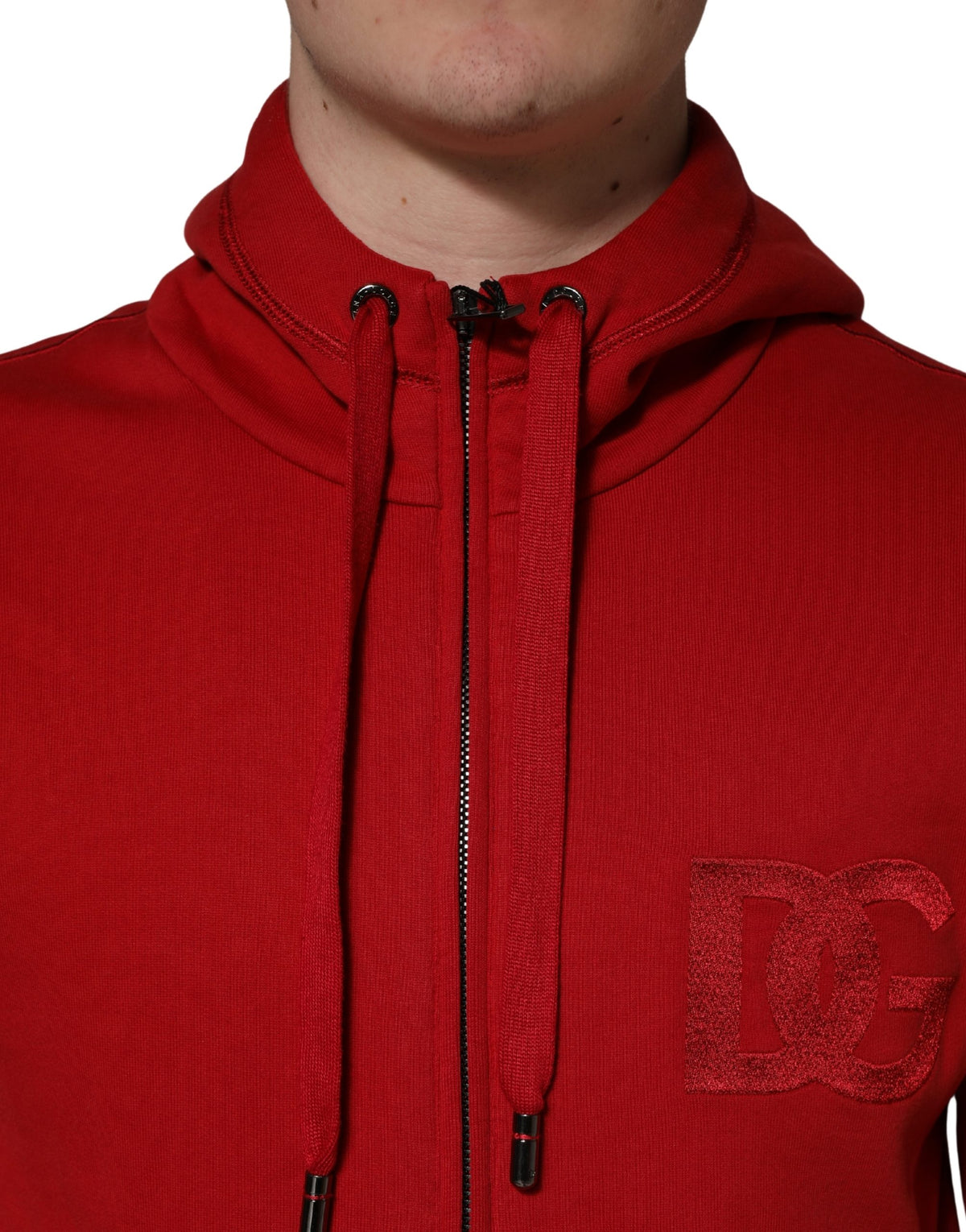 Dolce & Gabbana Red Embroidered Logo Hooded Full Zip Men's Sweater
