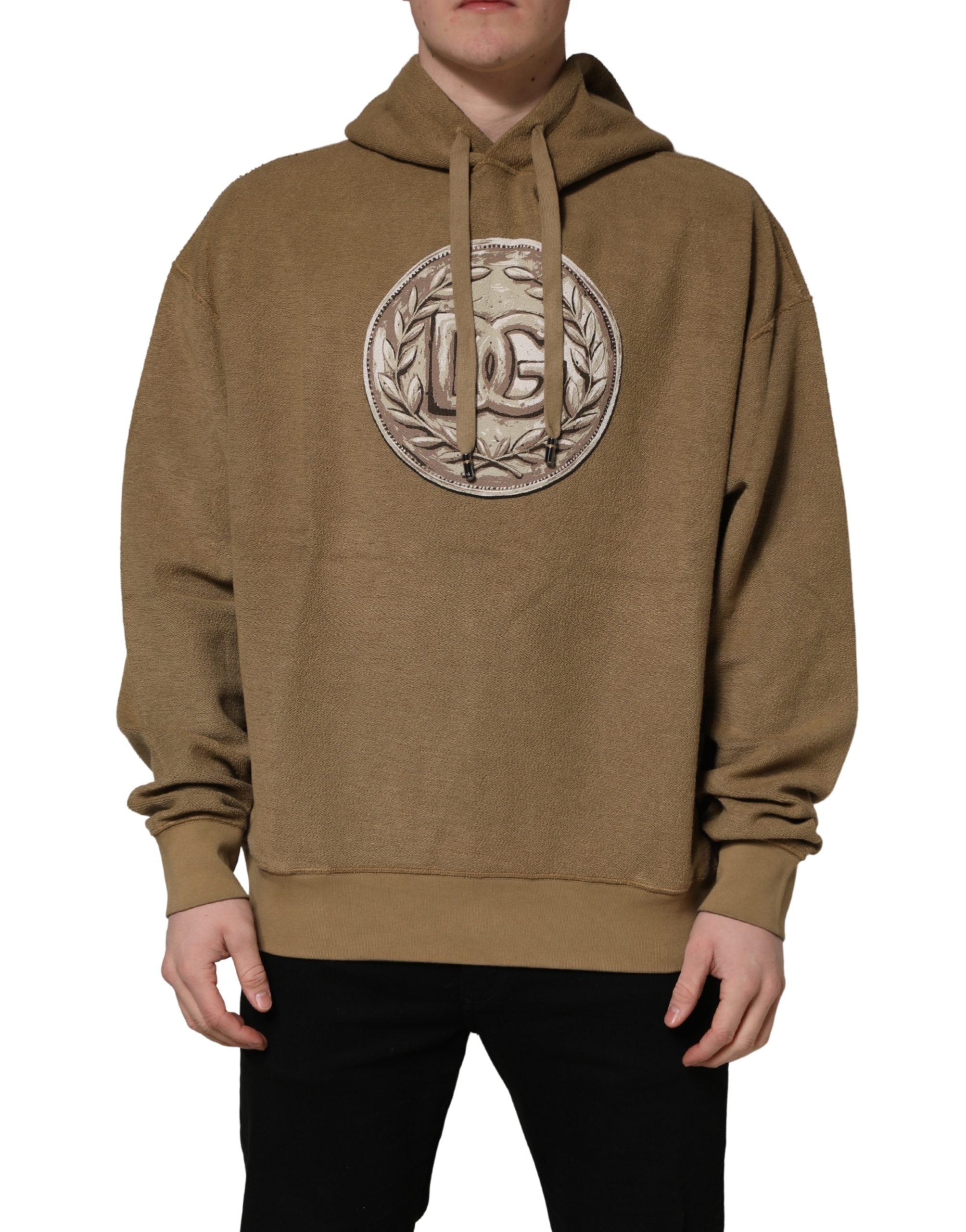 Dolce & Gabbana Brown Cotton Logo Coin Hooded Pullover Men's Sweater