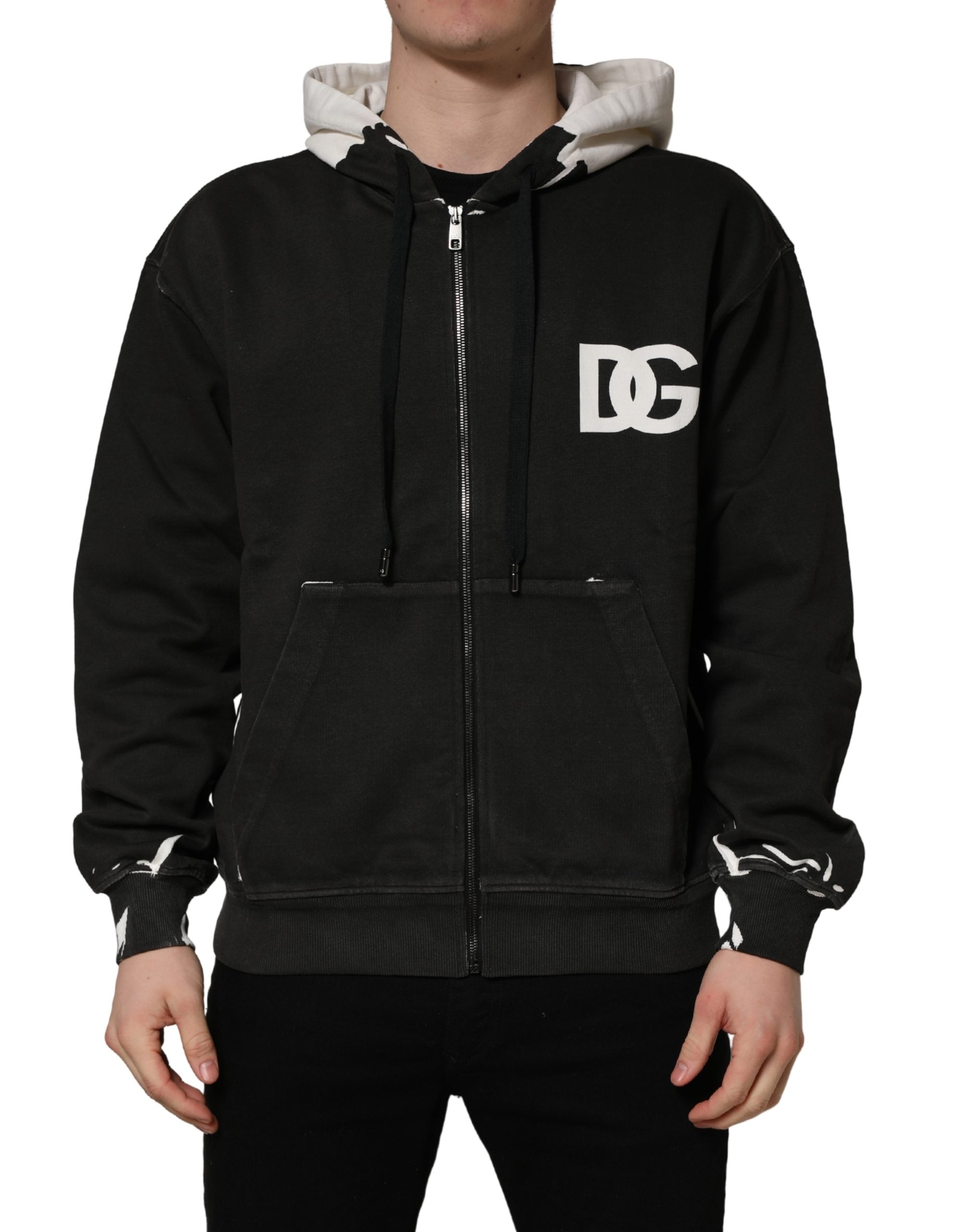 Dolce & Gabbana Black Cotton Logo Hooded Full Zip Men's Sweater