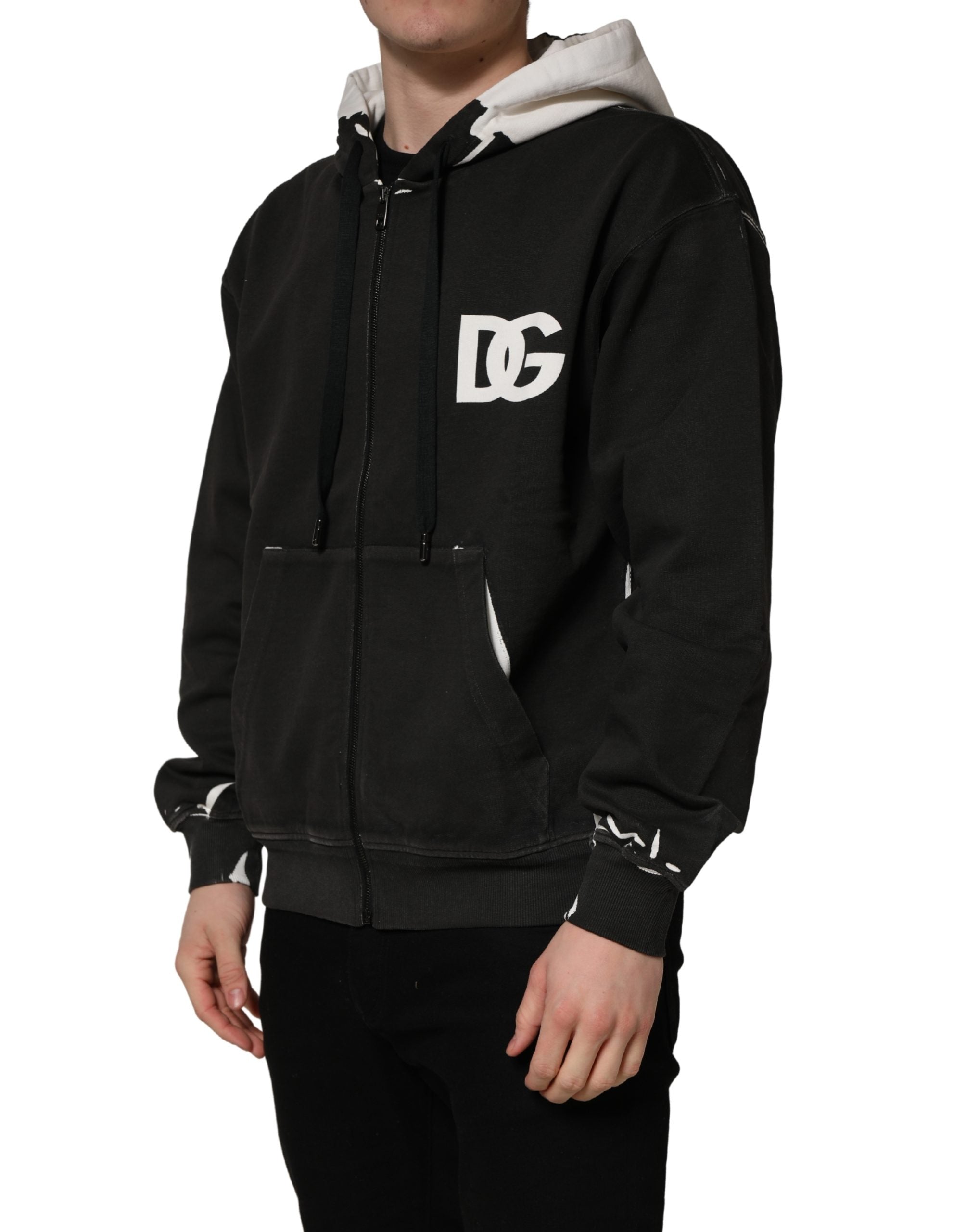Dolce & Gabbana Black Cotton Logo Hooded Full Zip Men's Sweater