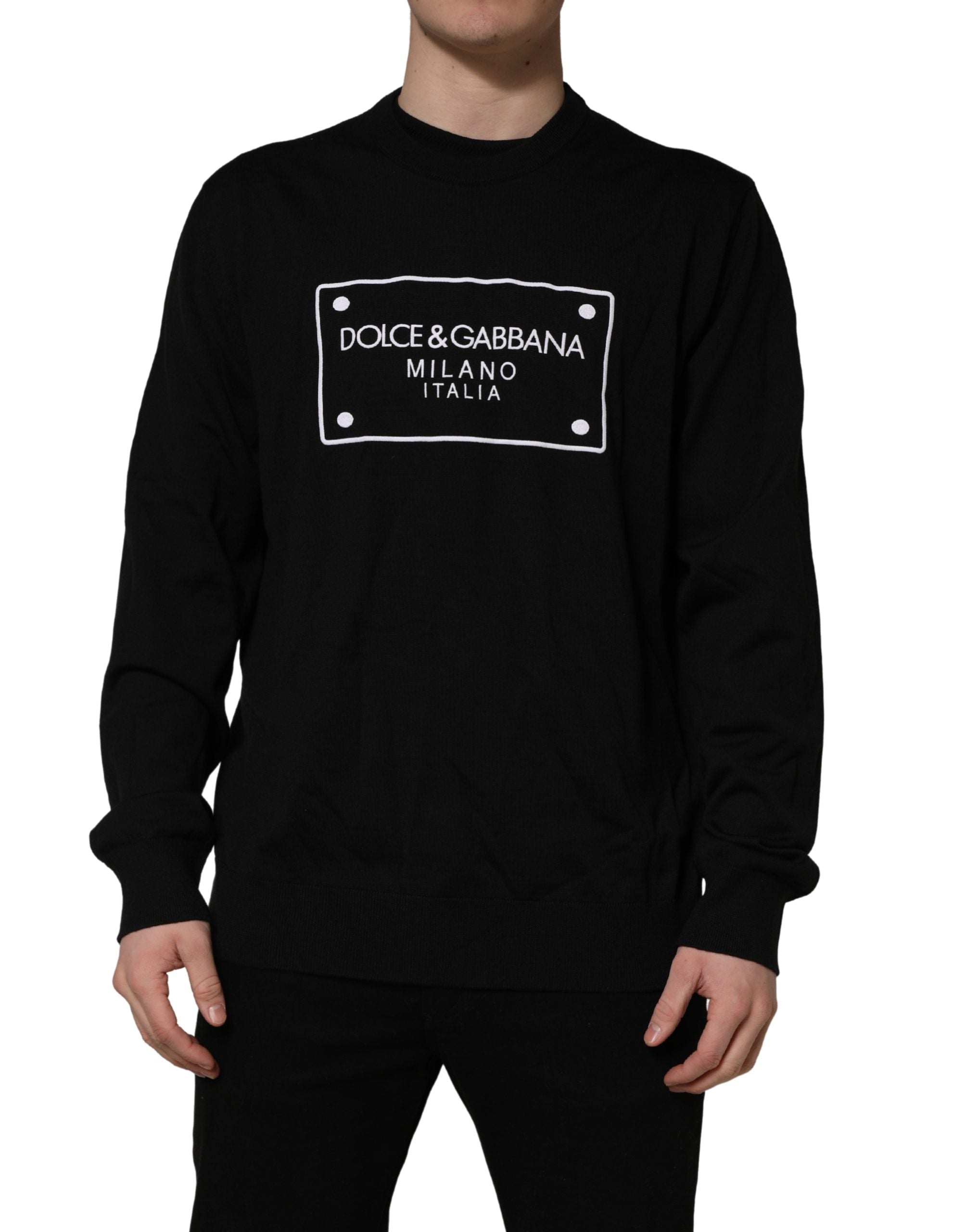 Dolce & Gabbana Black Graphic Logo Crew Neck Wool Pullover Men's Sweater