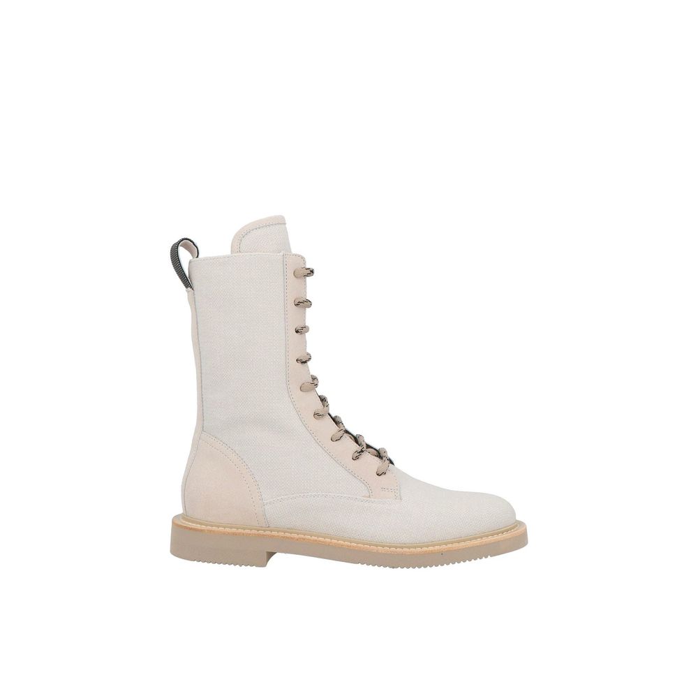 Brunello Cucinelli Beige Cotton Lace-Up Women's Boots