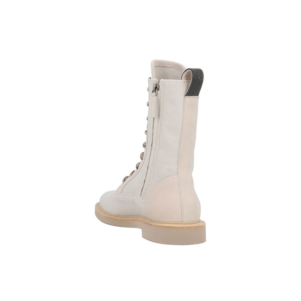 Brunello Cucinelli Beige Cotton Lace-Up Women's Boots