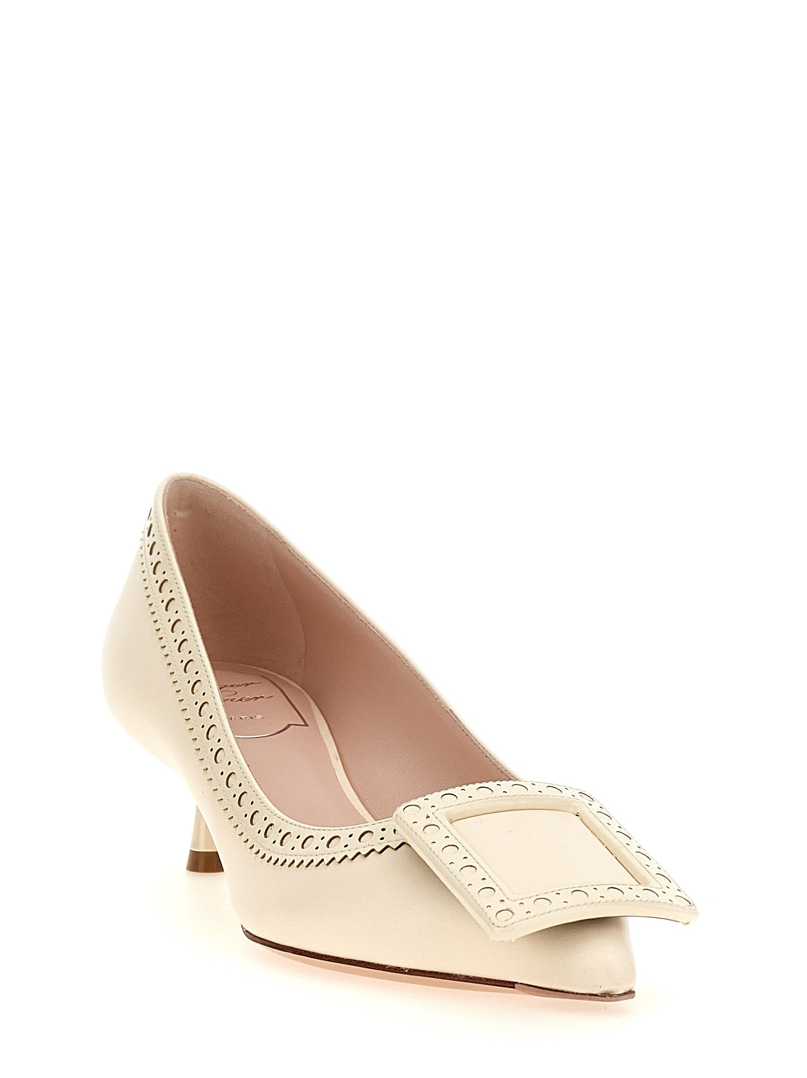 Roger Vivier White Lamb Leather Mid Heel Women's Pumps