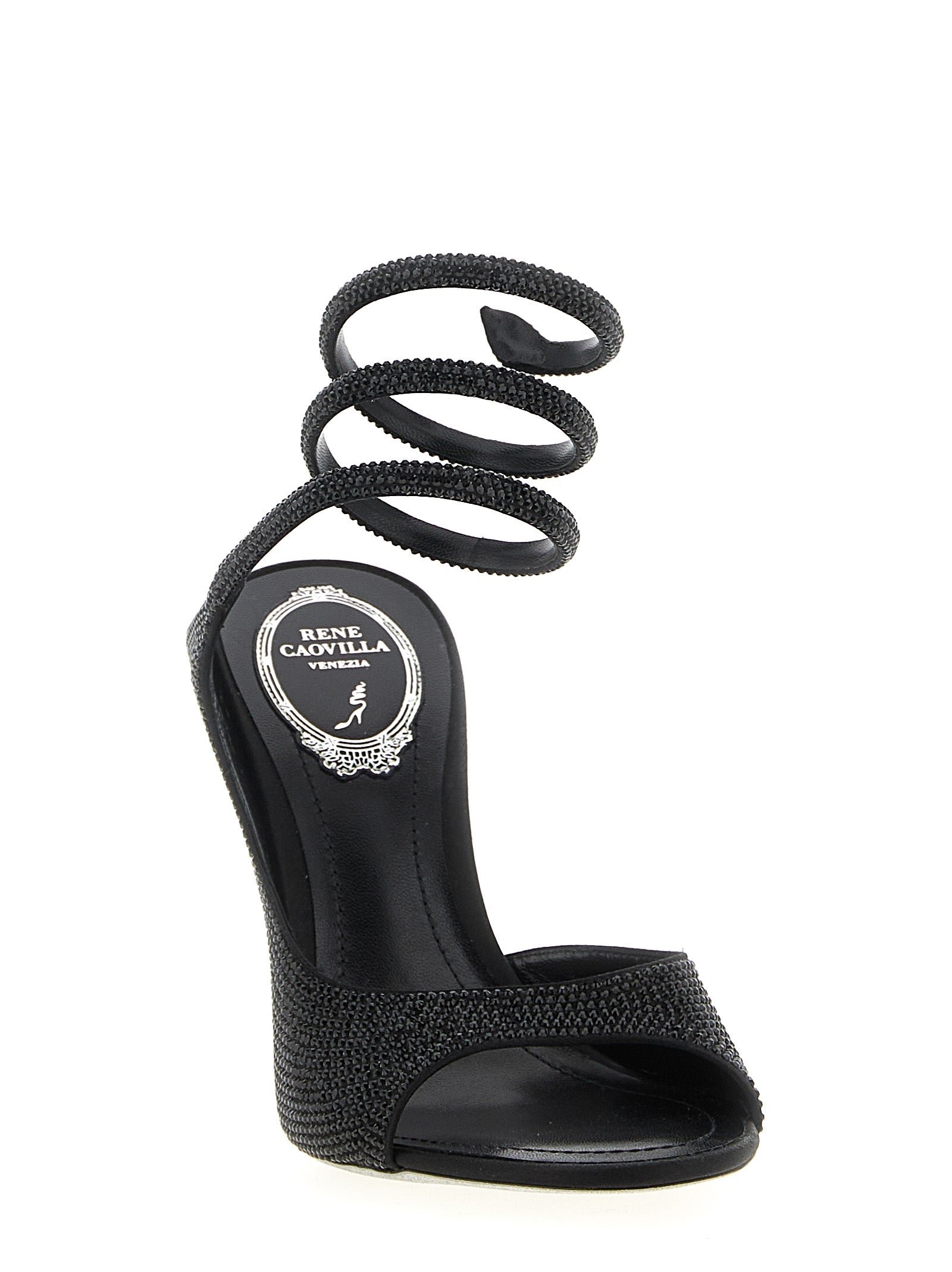 RENE CAOVILLA Black Satin Stiletto Heel Women's Sandals