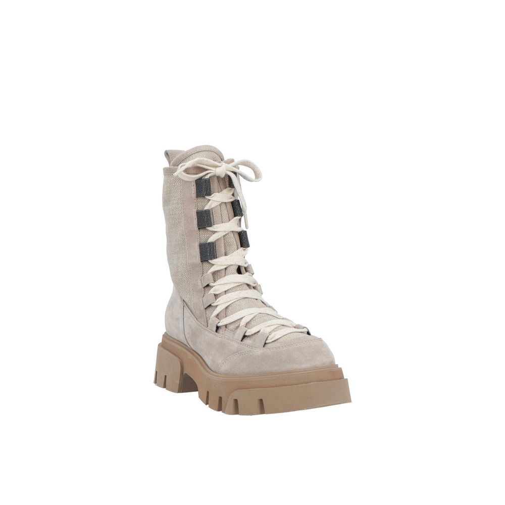 Brunello Cucinelli Beige Leather Lace-Up Women's Boots
