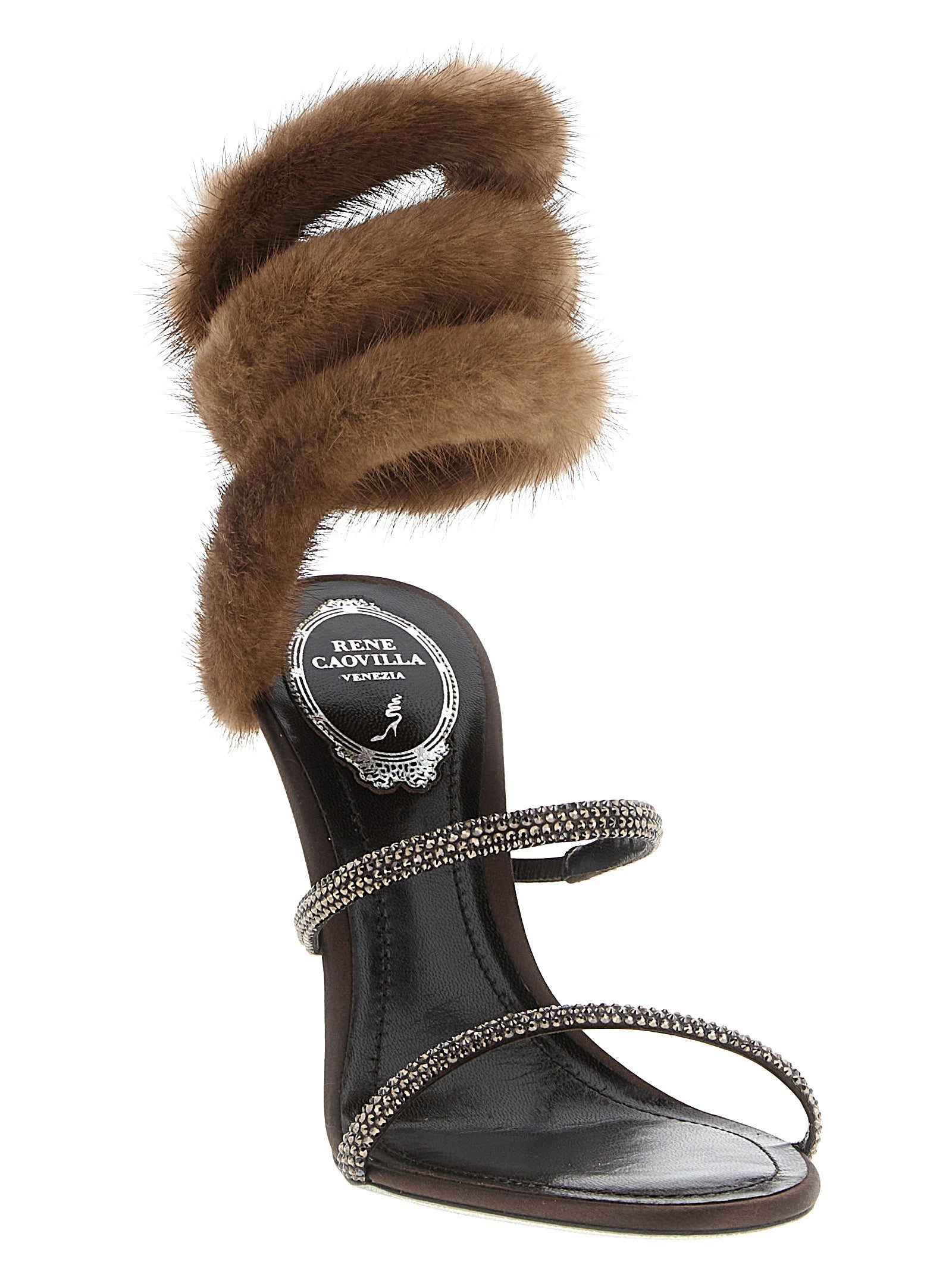 RENE CAOVILLA Brown Satin Stiletto Heel Women's Sandals