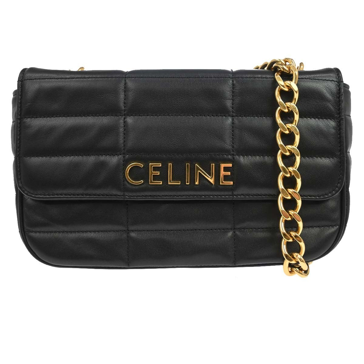 Celine Logo Chain Flap Quilted Goatskin Black Leather Shoulder Bag Bag (Pre-Owned)