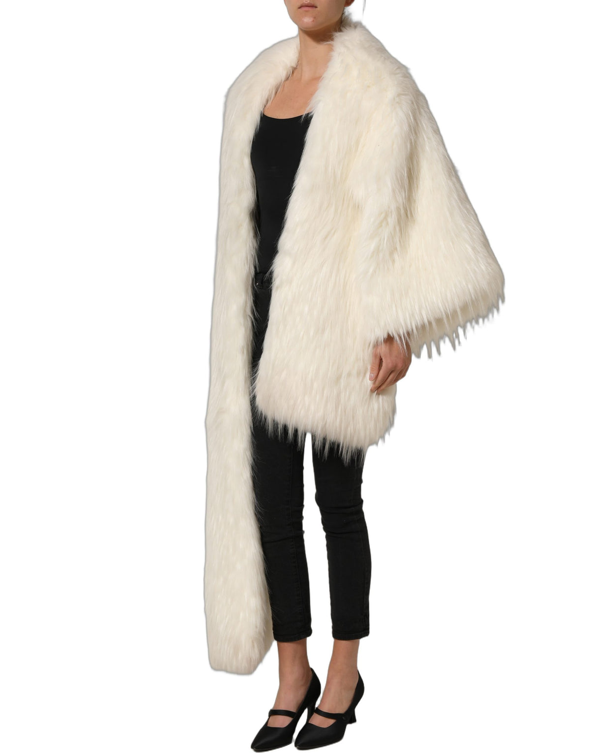 Dolce & Gabbana White Faux Fur Long Sleeves Coat Women's Jacket