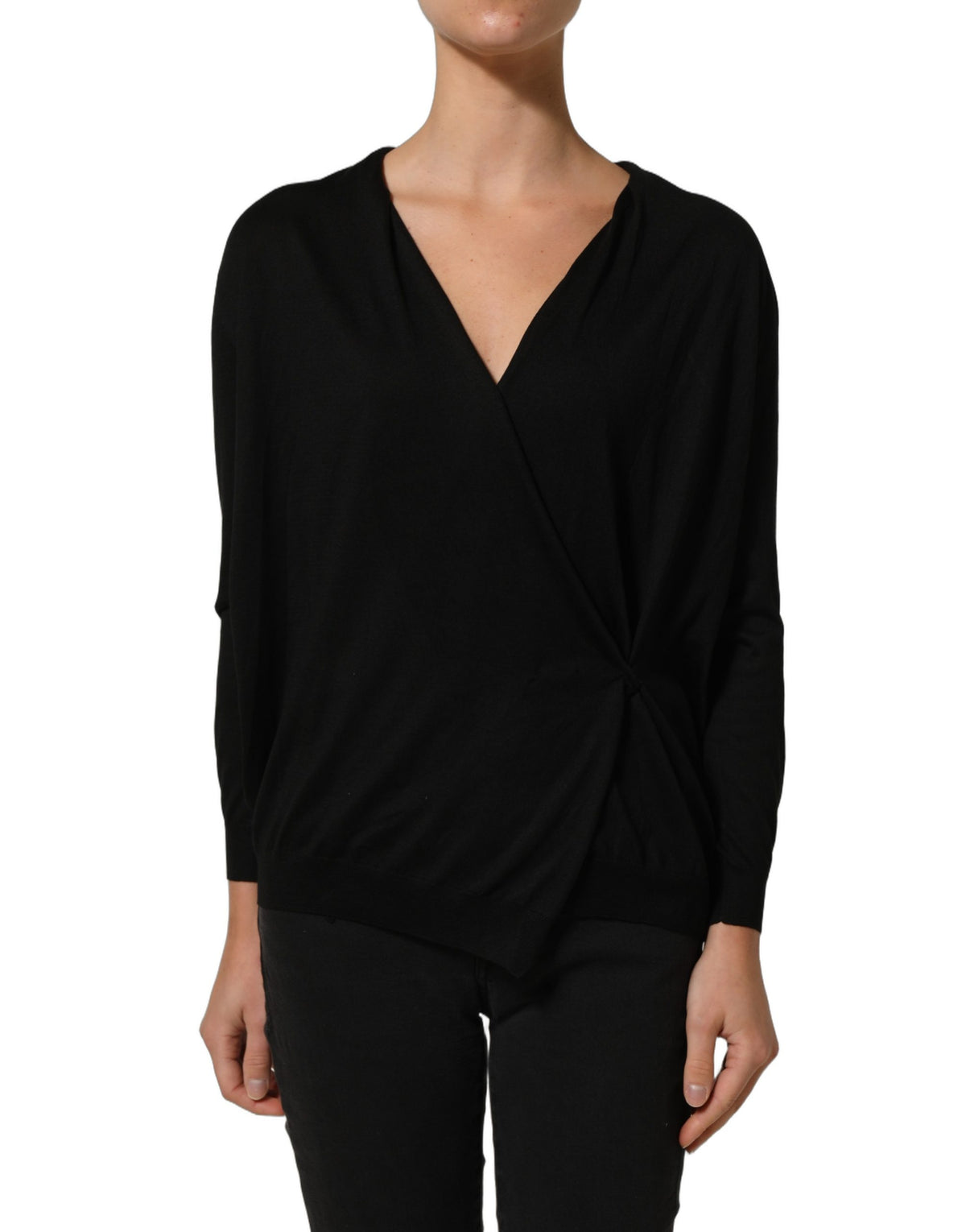 Dolce & Gabbana Black Silk Long Sleeves Draped Blouse Women's Top (Pre-Owned)