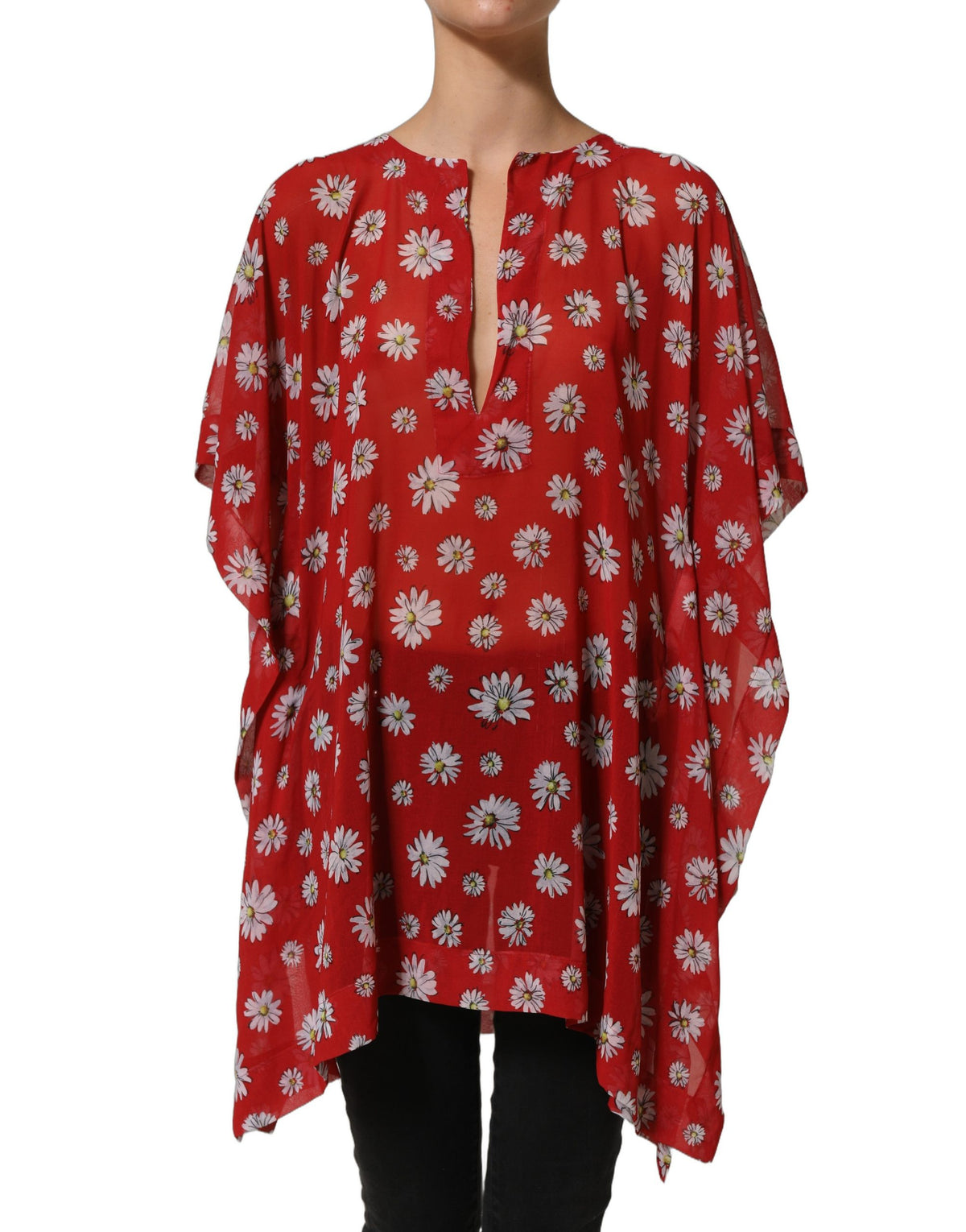 Dolce & Gabbana Red Floral V-neck Polyester Kaftan Blouse Women's Top