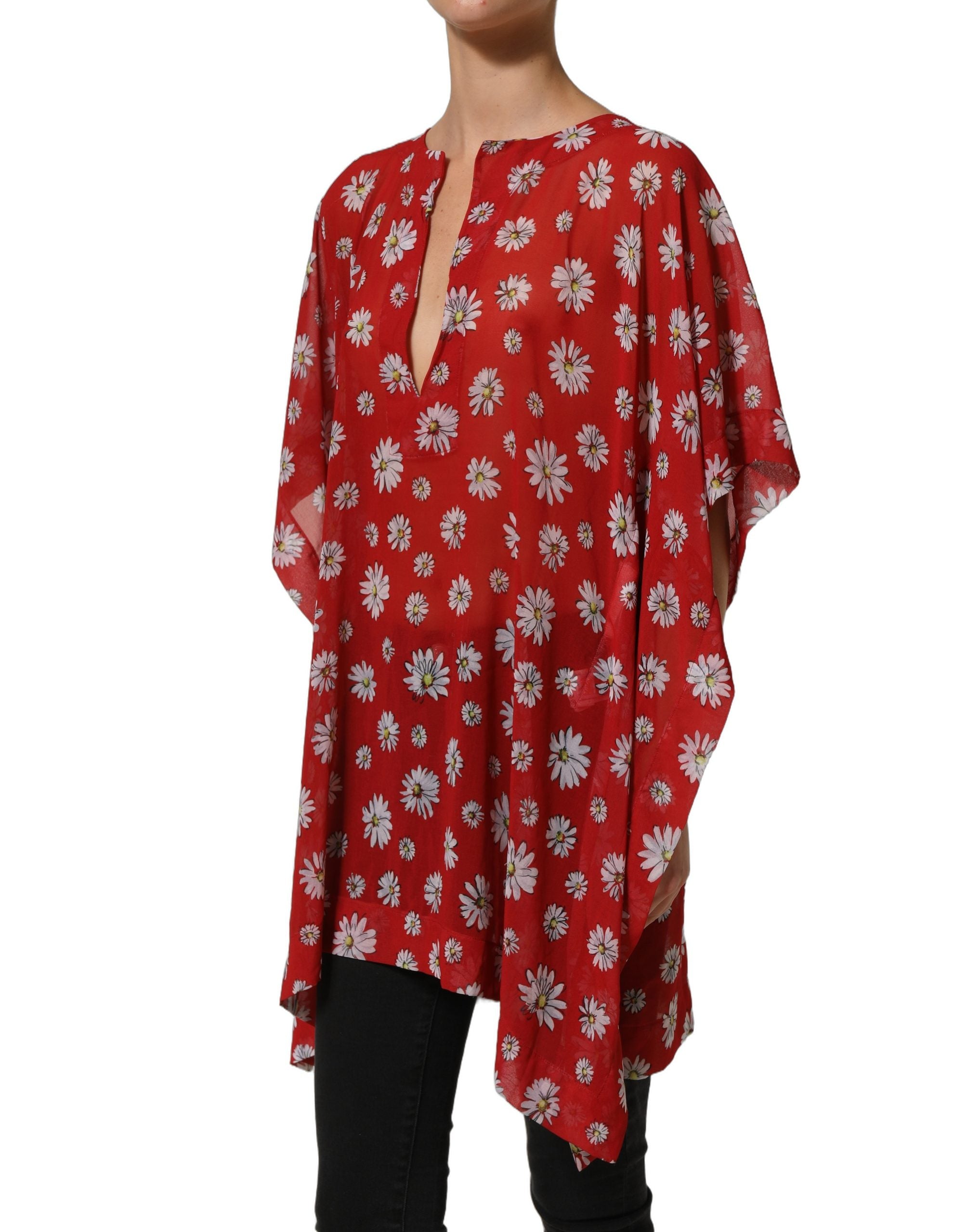 Dolce & Gabbana Red Floral V-neck Polyester Kaftan Blouse Women's Top
